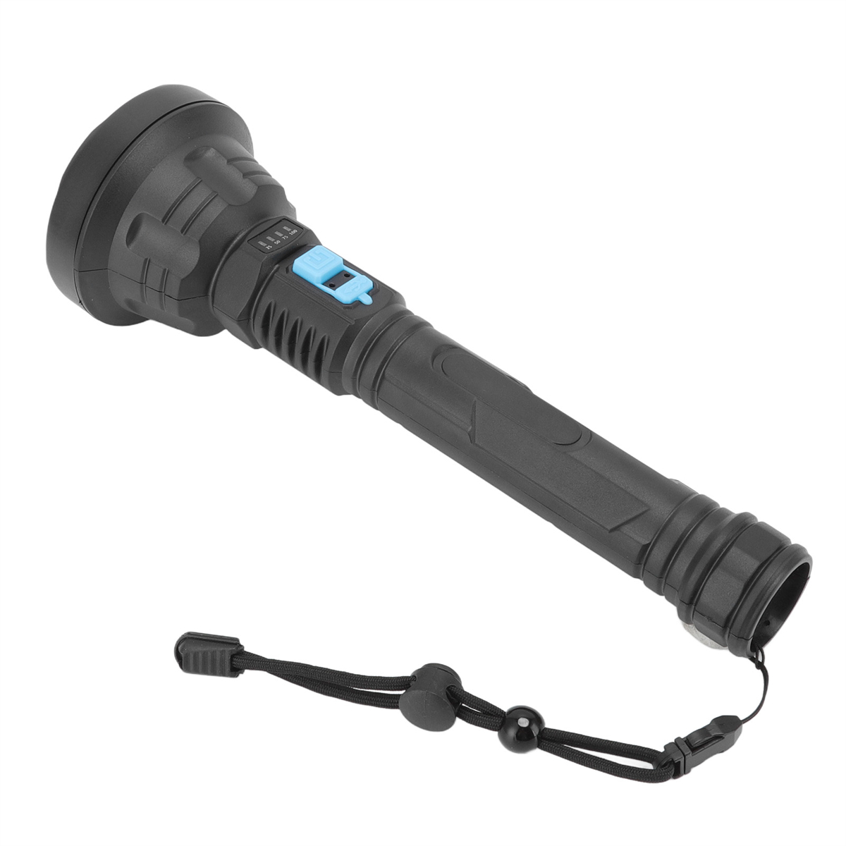 Schwarze Taschenlampe mit blauem Knopf. Mit Griff und Lanyard. Auf weißem Grund.