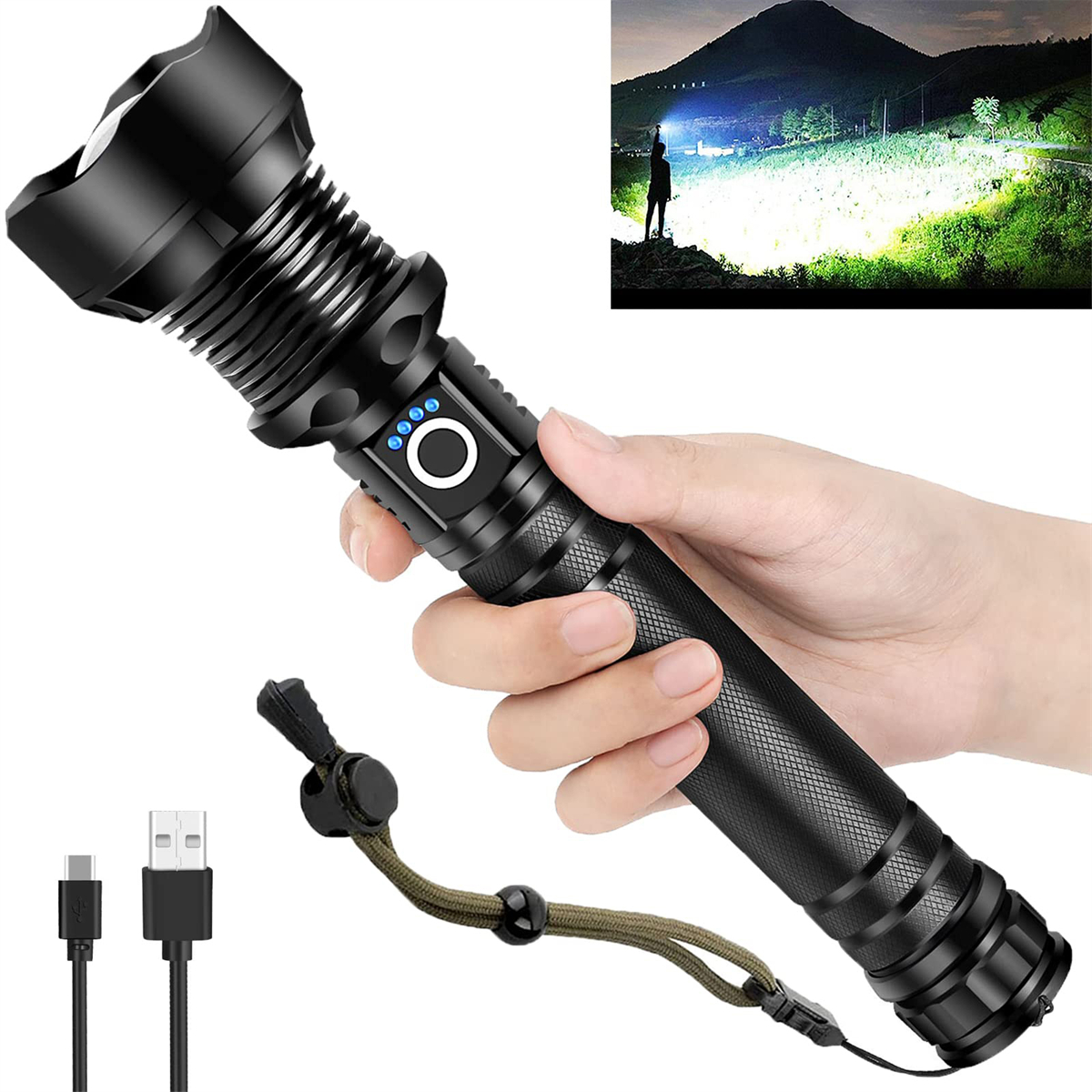 Eine schwarze Taschenlampe in einer Hand. USB-Kabel und Trageriemen.