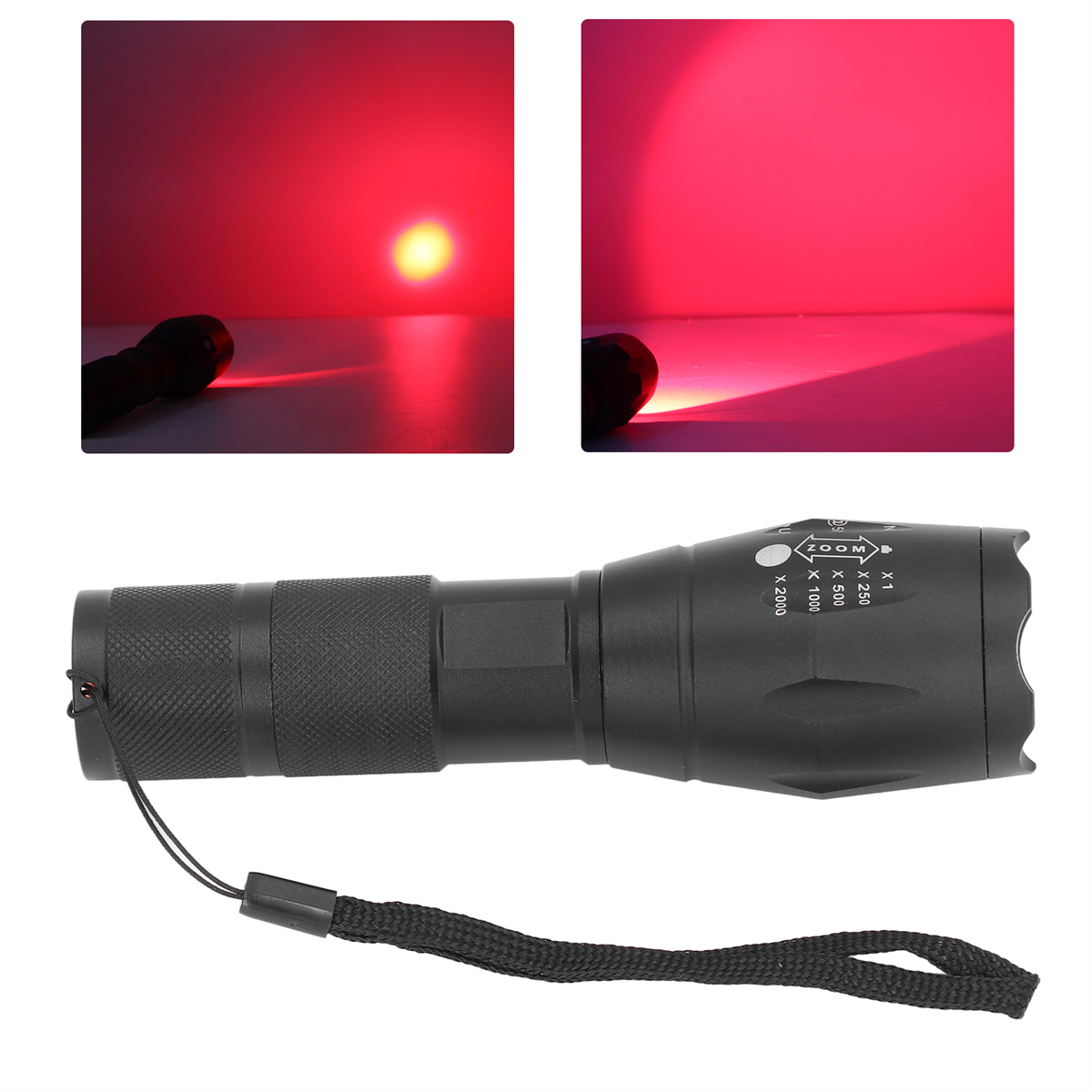 Schwarze Taschenlampe mit rotem Lichtstrahl und schwarzem Riemen.