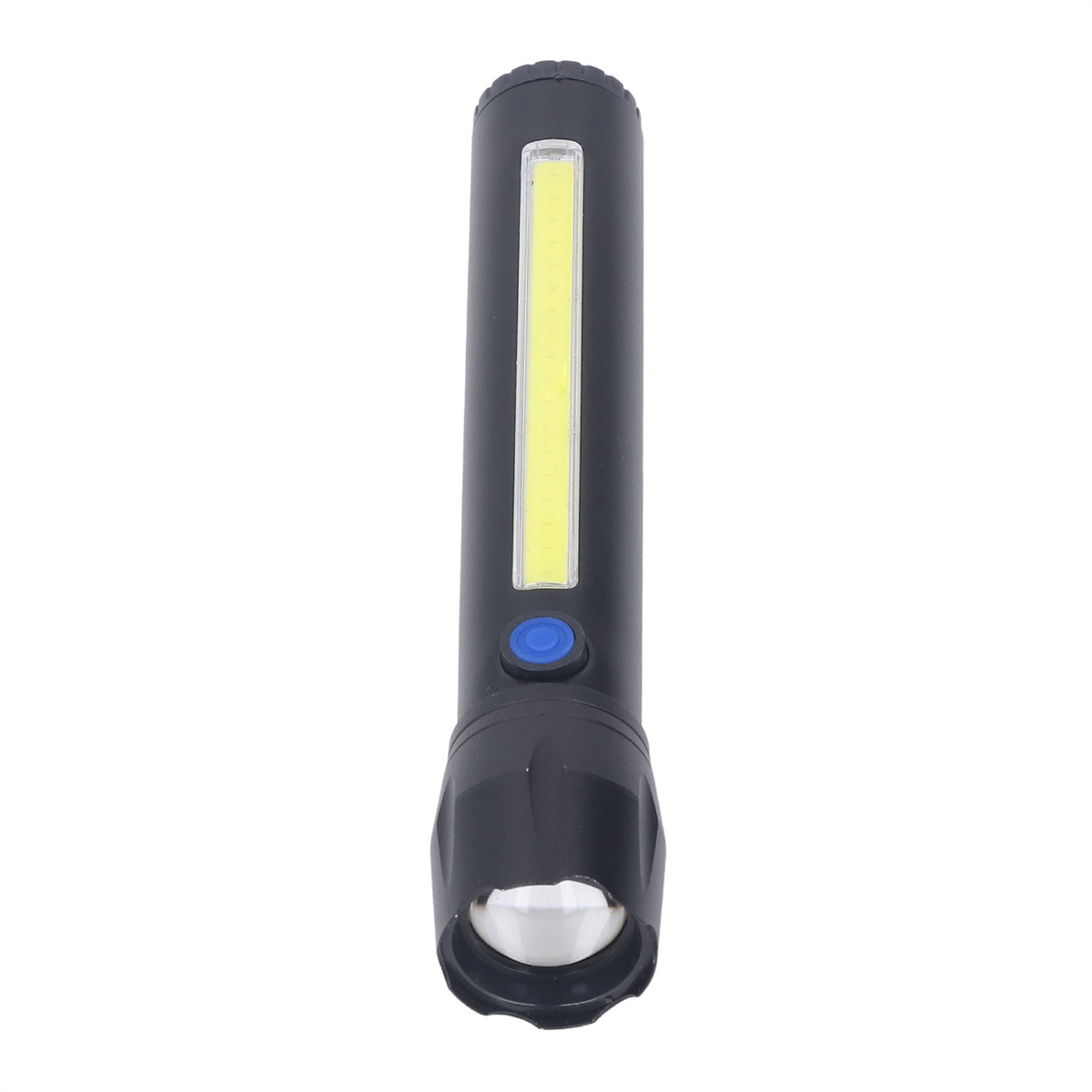 Schwarze Taschenlampe mit weißem LED-Streifen und blauem Knopf, von oben gezeigt.