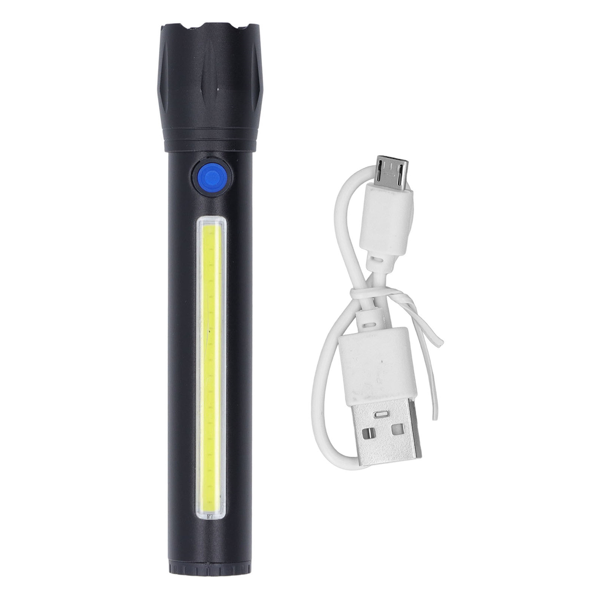 Schwarze Taschenlampe mit weißem USB-Kabel. Weißer Hintergrund.