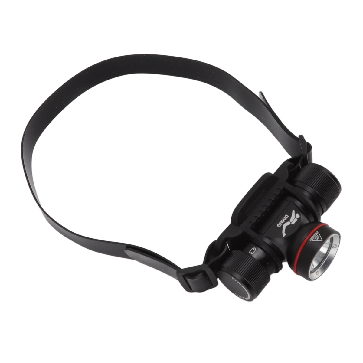Stirnlampe mit schwarzem Riemen. Zwei Lichter, rote Akzente. Schwarze Knöpfe. Weißer Hintergrund.