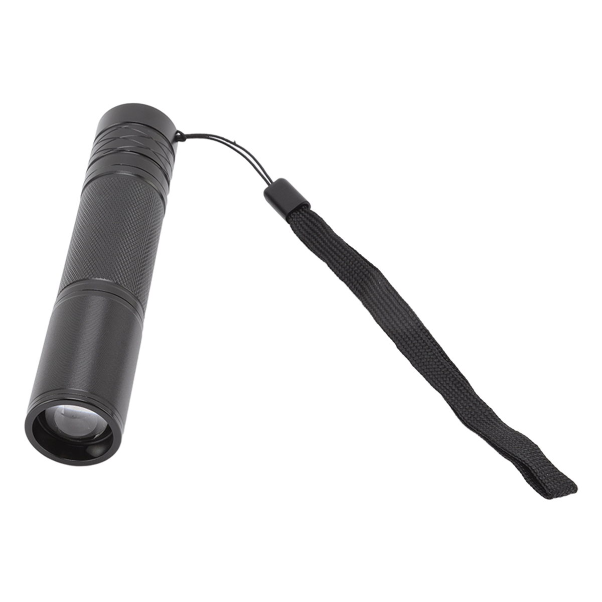 Eine schwarze Taschenlampe mit Handschlaufe, von der oberen linken Ecke abgewinkelt, weißer Hintergrund.