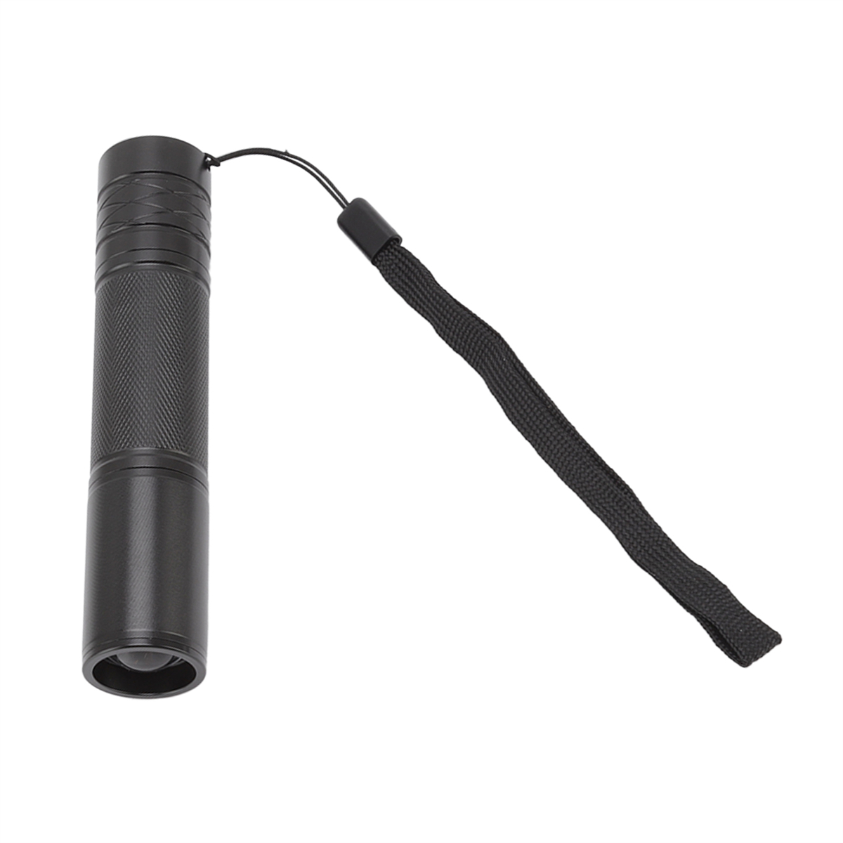 Eine schwarze Taschenlampe mit Handschlaufe. Die Taschenlampe ist zylindrisch.