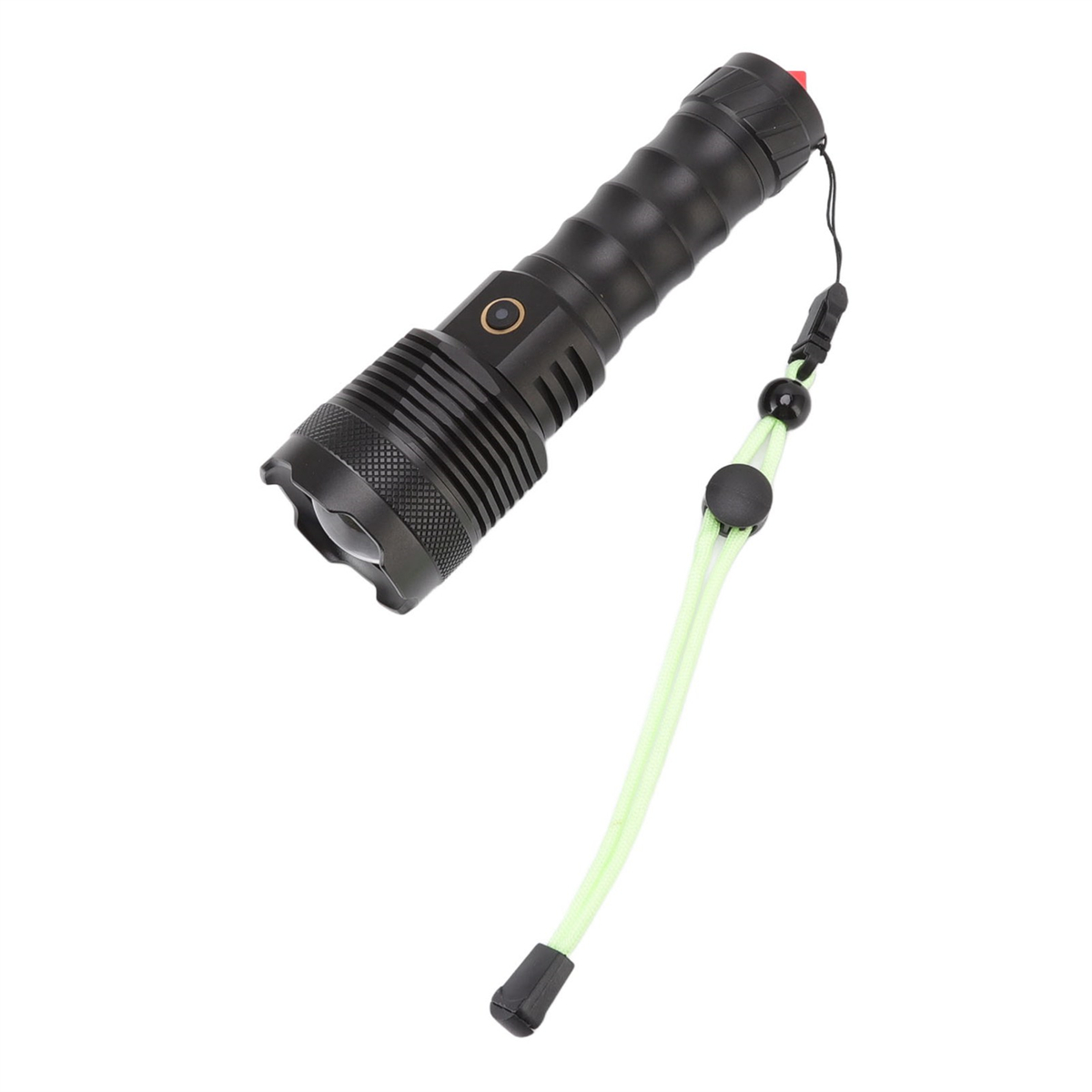 Schwarze Taschenlampe mit hellgrünem Lanyard, auf weißem Hintergrund nach oben geneigt.