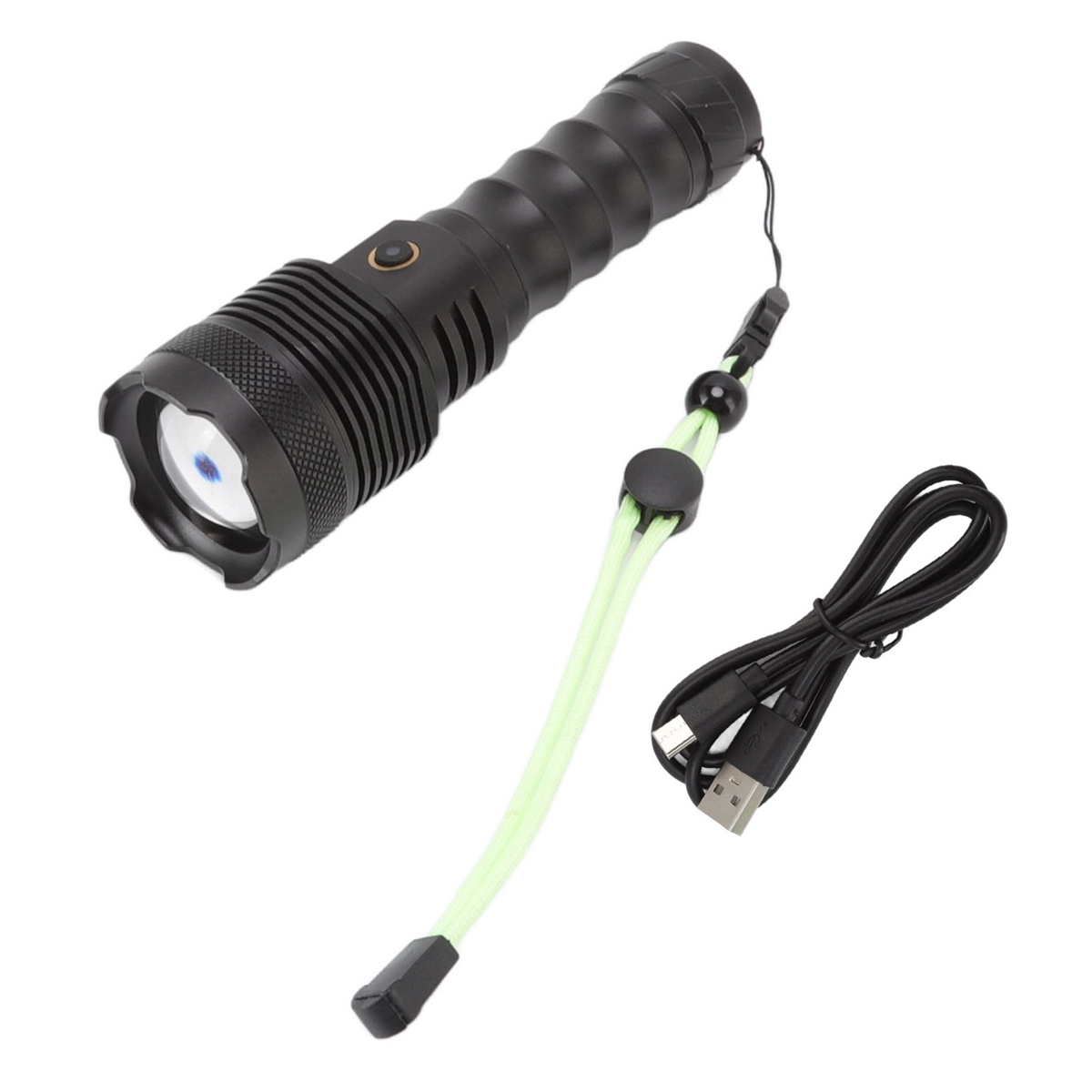 Schwarze Taschenlampe mit Lanyard und USB-Kabel. Weißer Hintergrund.