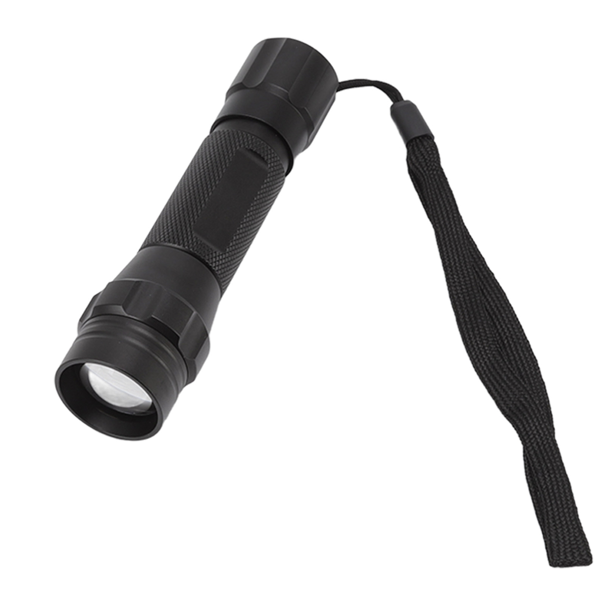 Schwarze Taschenlampe mit schwarzem Riemen. Die Taschenlampe hat einen strukturierten Griff.