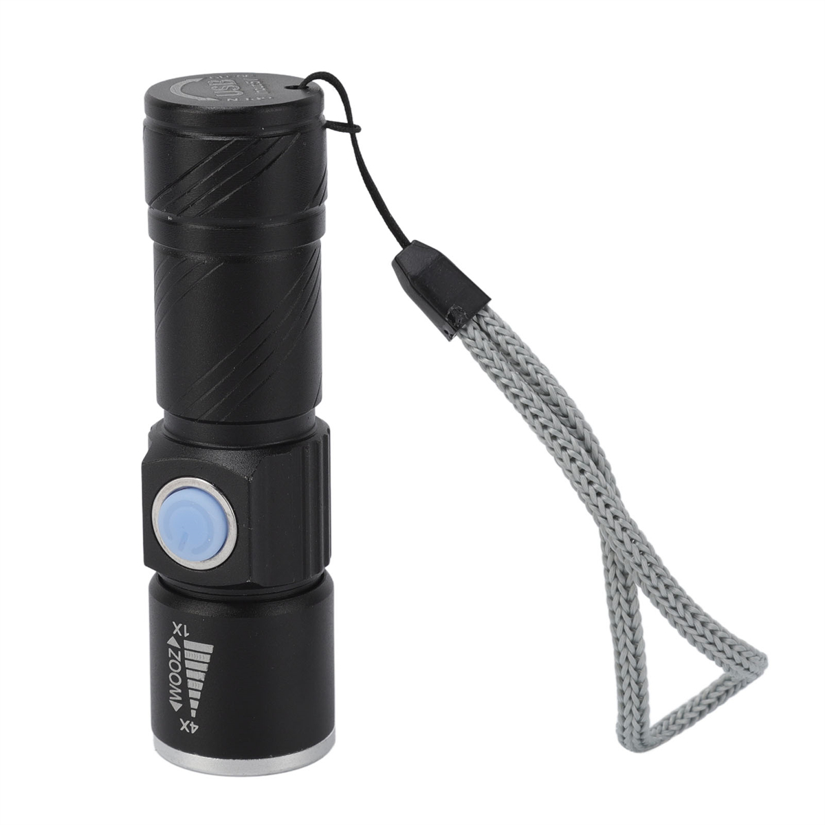 Schwarze Taschenlampe mit blauem Knopf, Zoomfunktion und Handschlaufe.