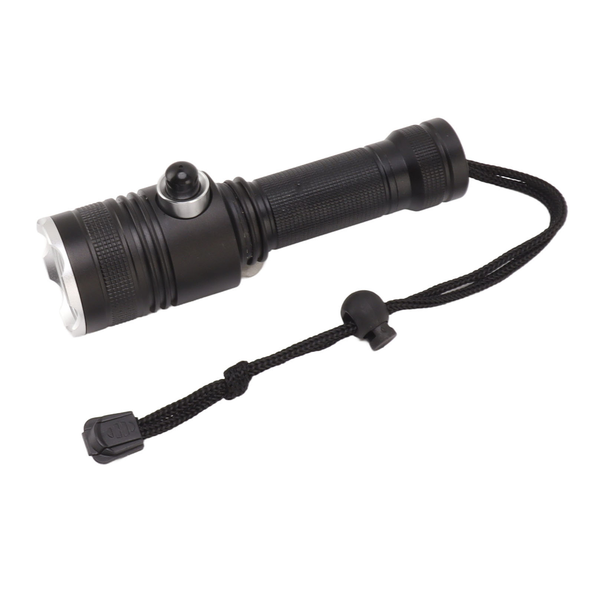 Schwarze Taschenlampe mit schwarzem Schlüsselband. Silberne Lünette und Knopf.
