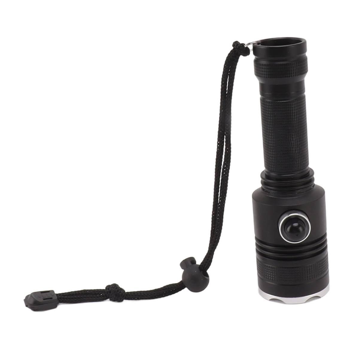 Schwarze Taschenlampe mit einem Schlüsselband. Die Taschenlampe hat einen strukturierten Griff und einen Knopf.