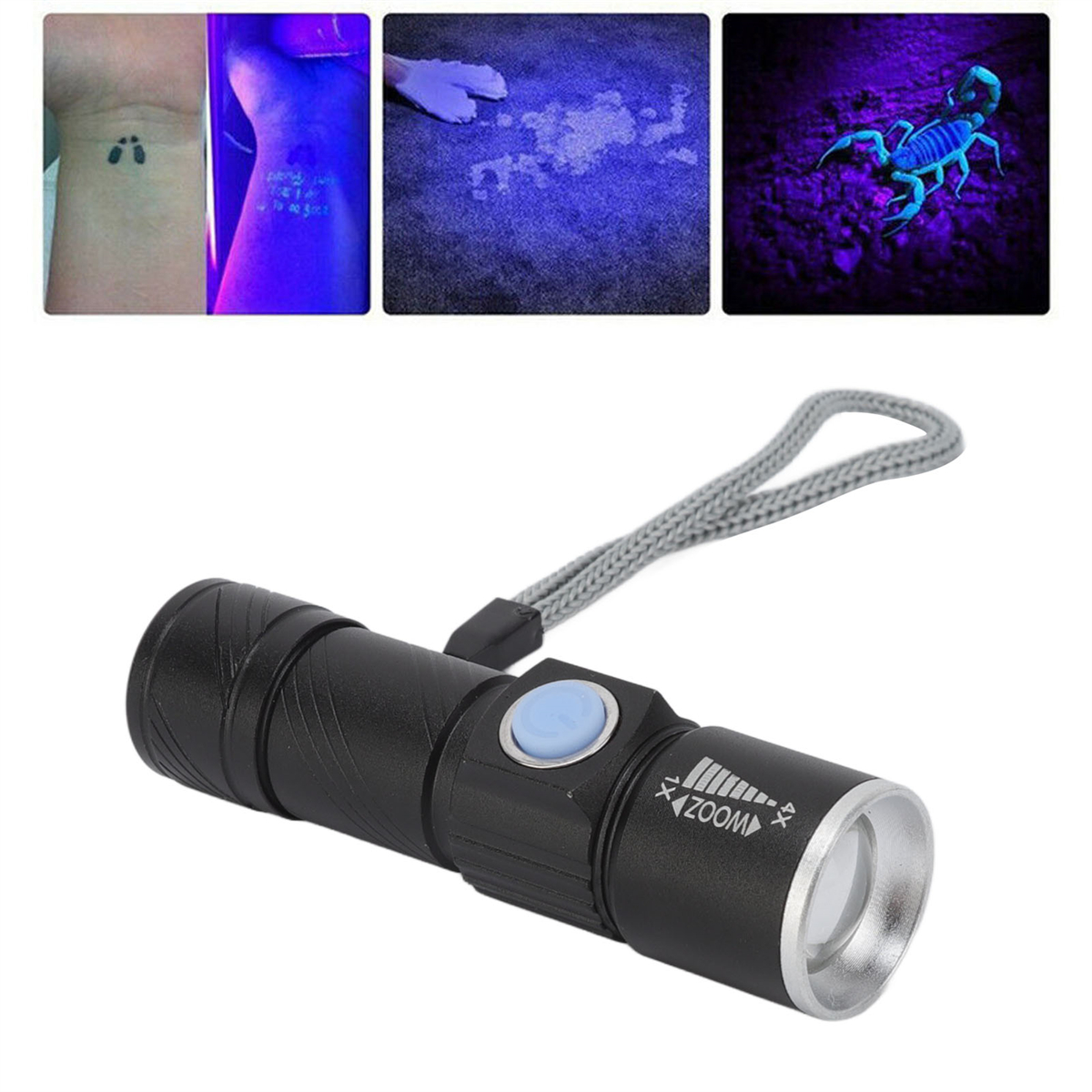 UV-Taschenlampe mit Bildern von Tattoos, Flecken und einem Skorpion unter UV-Licht.