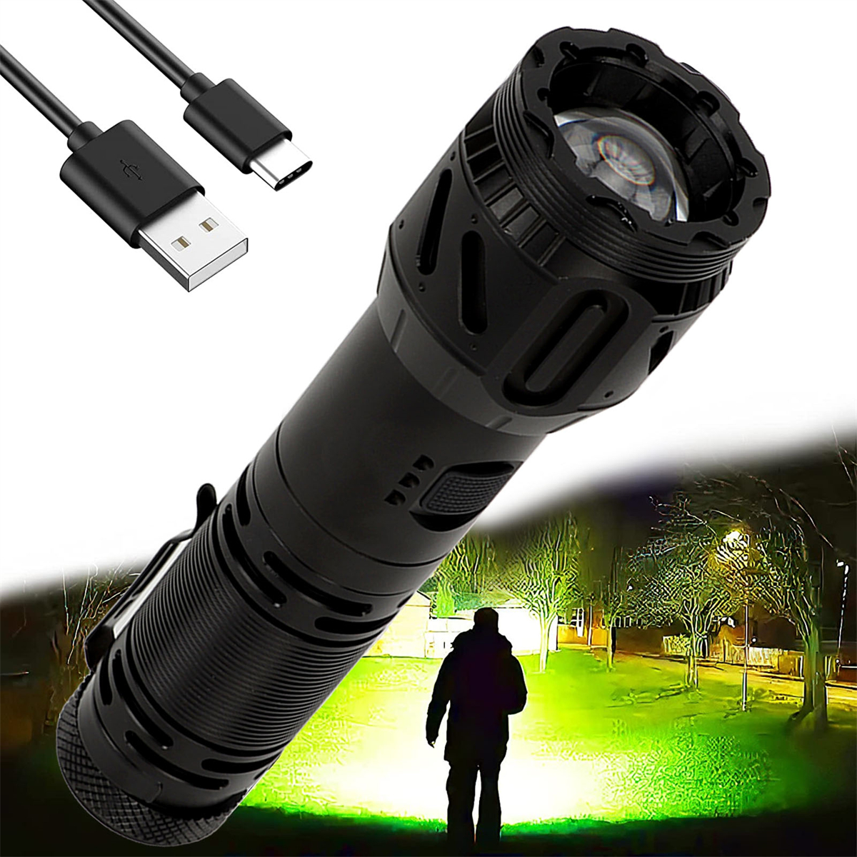 Schwarze Taschenlampe mit USB-Kabeln und eine Person im Park bei Nacht mit grünem Licht.