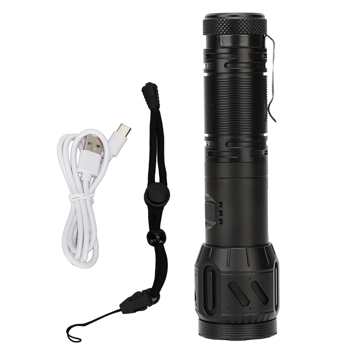 Schwarze Taschenlampe mit Ladekabel und Handschlaufe.