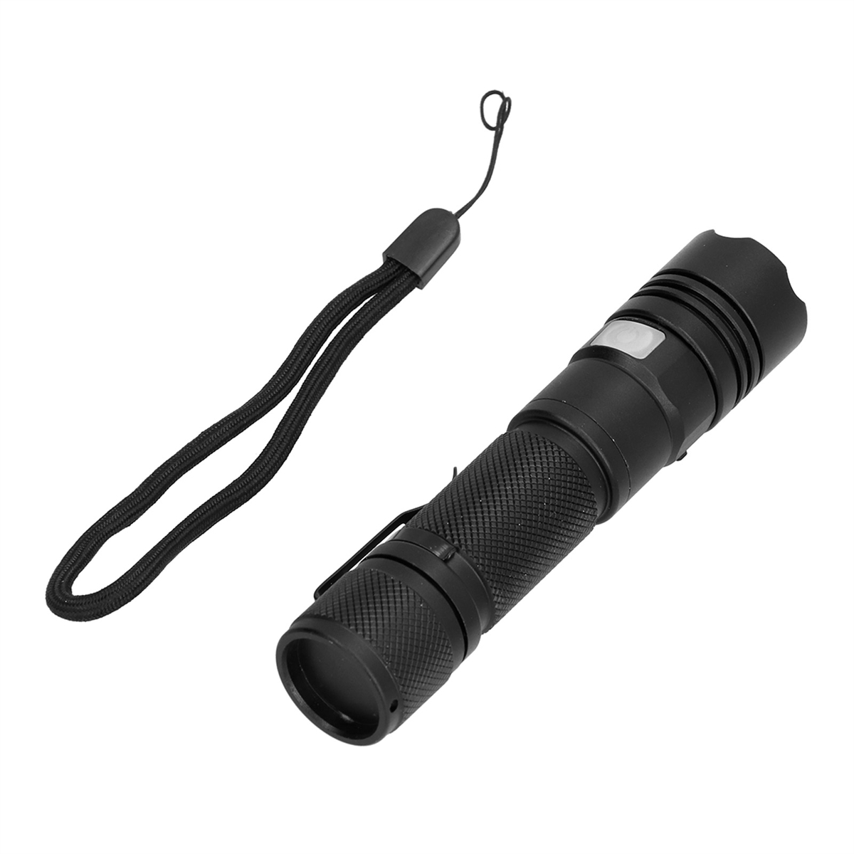 Schwarze Taschenlampe mit Handschlaufe. Die Schlaufe ist ein schwarzes geflochtenes Kabel.