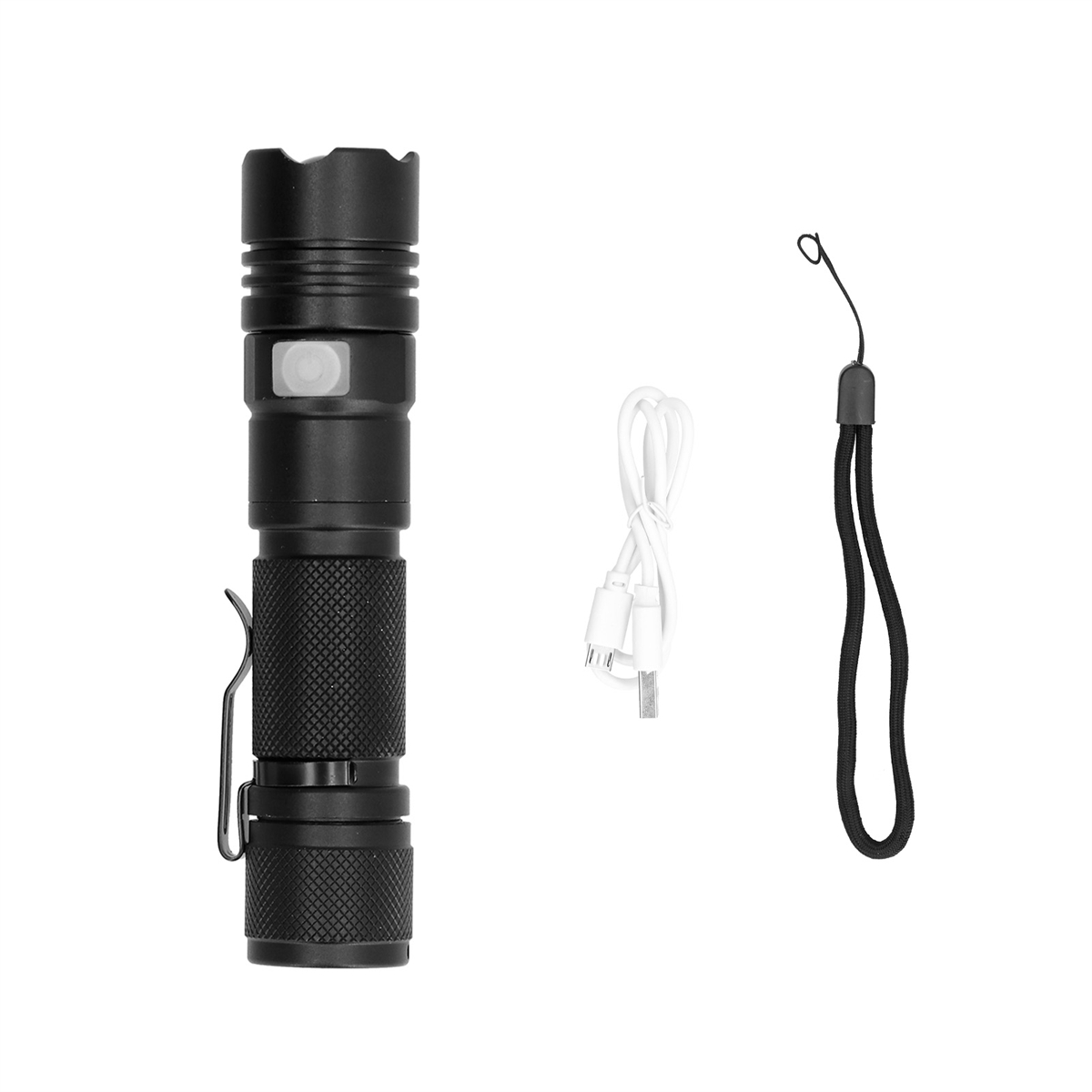 Schwarze Taschenlampe mit Ladekabel und Handschlaufe auf Weiß.