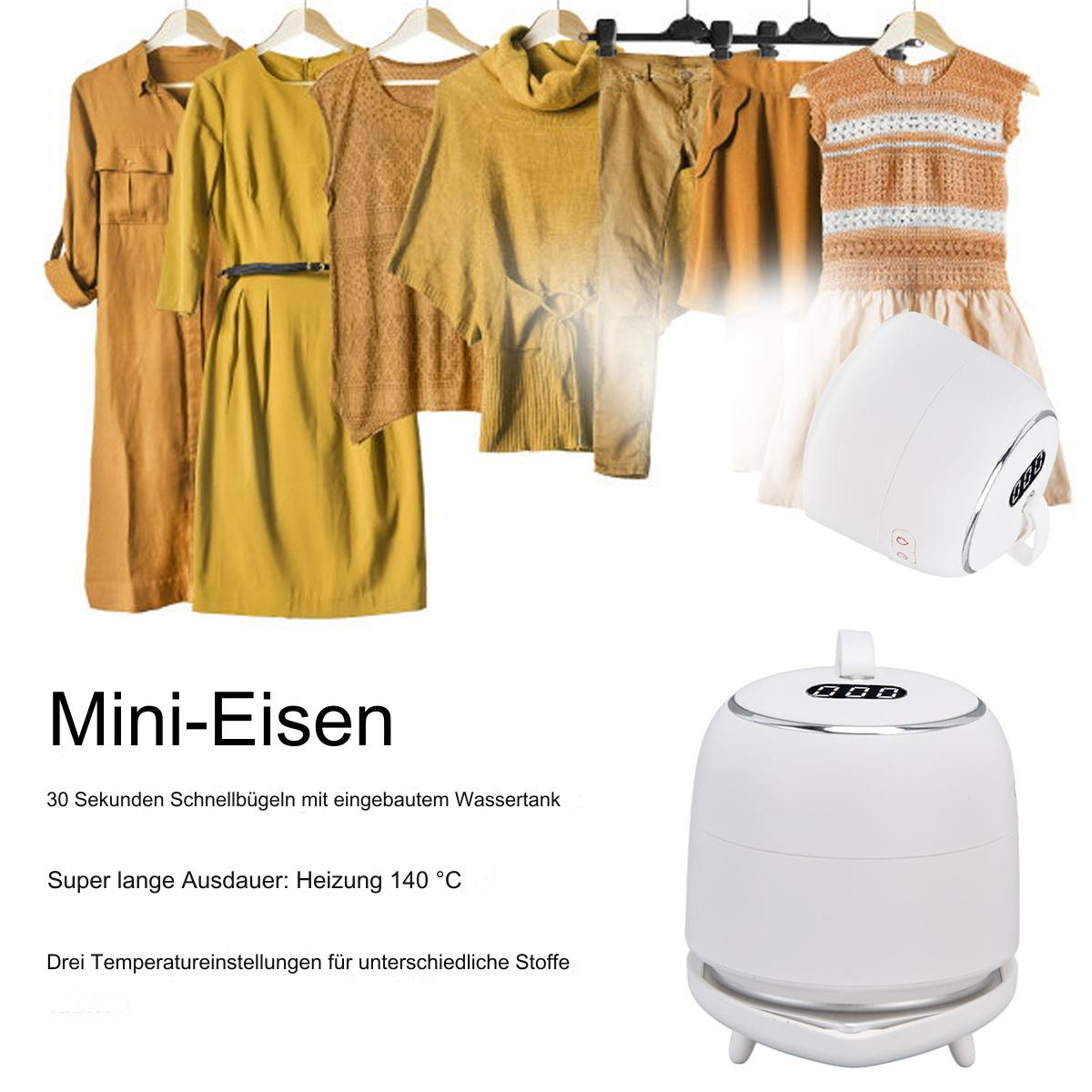 Ein weißes Mini-Bügeleisen mit Kleidung und Text dazu. Ein kleines Bügeleisen und Kleidung werden gezeigt.