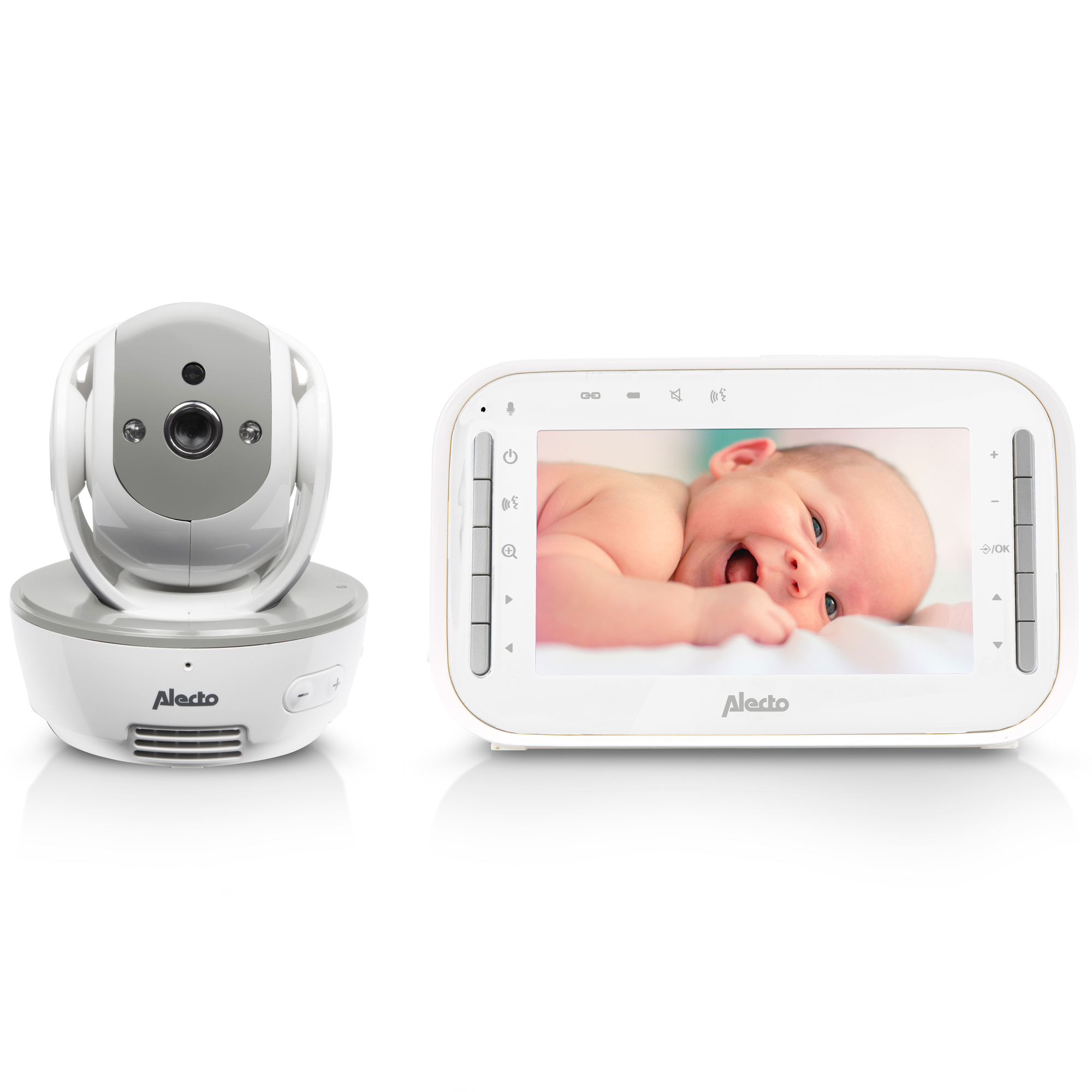 Babyphone mit Kamera und Bildschirm. Zeigt lächelndes Baby. Weißer Hintergrund.