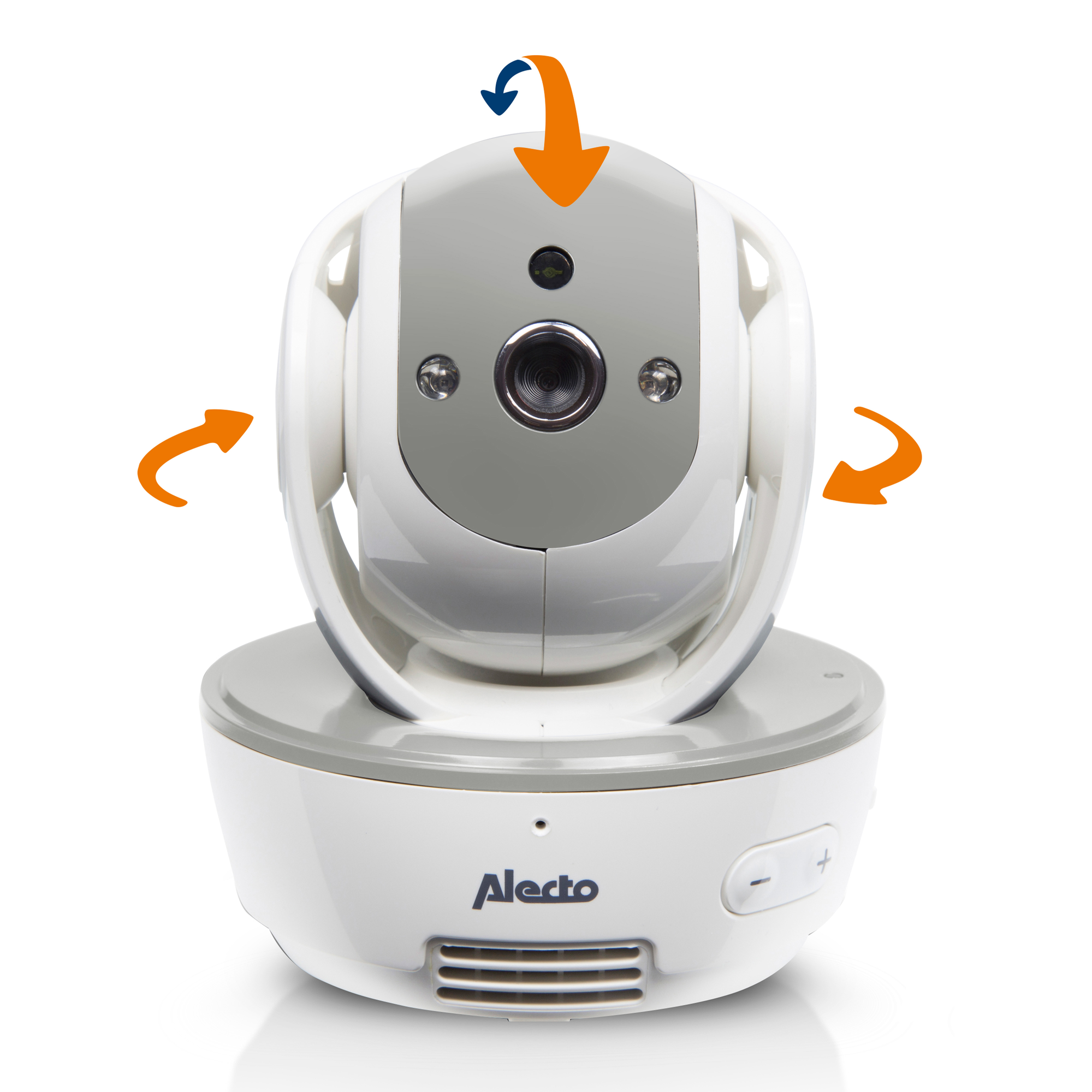 Weißer Baby-Monitor mit Kamera. Pfeile zeigen die Bewegung an. Der Monitor steht auf einem weißen Sockel.