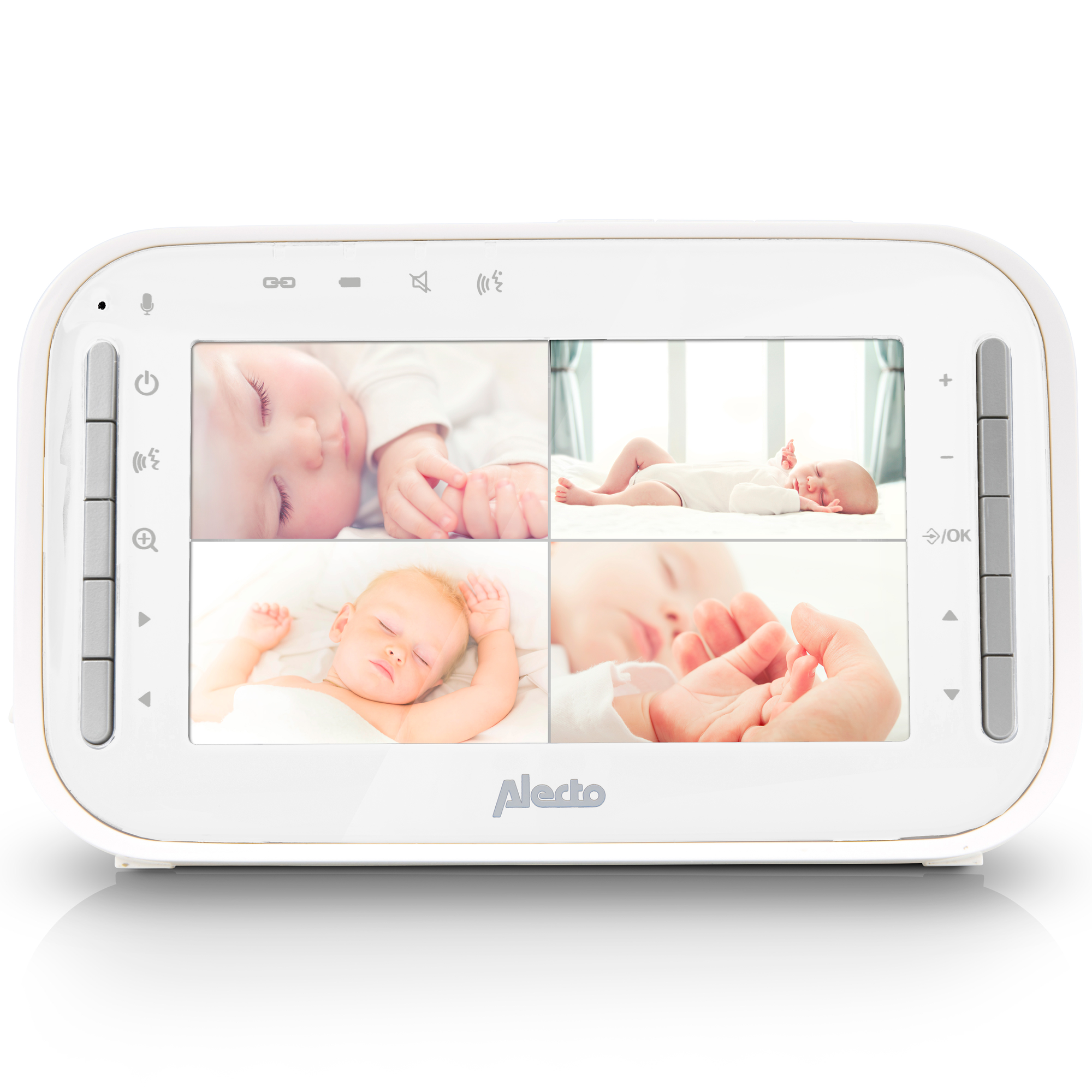 Weißer Babyphone mit vier Babybildern auf dem Bildschirm. Knöpfe an den Seiten.