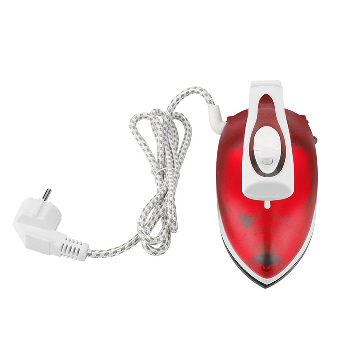Rotes und weißes Mini-Bügeleisen mit weißem Kabel und Stecker.