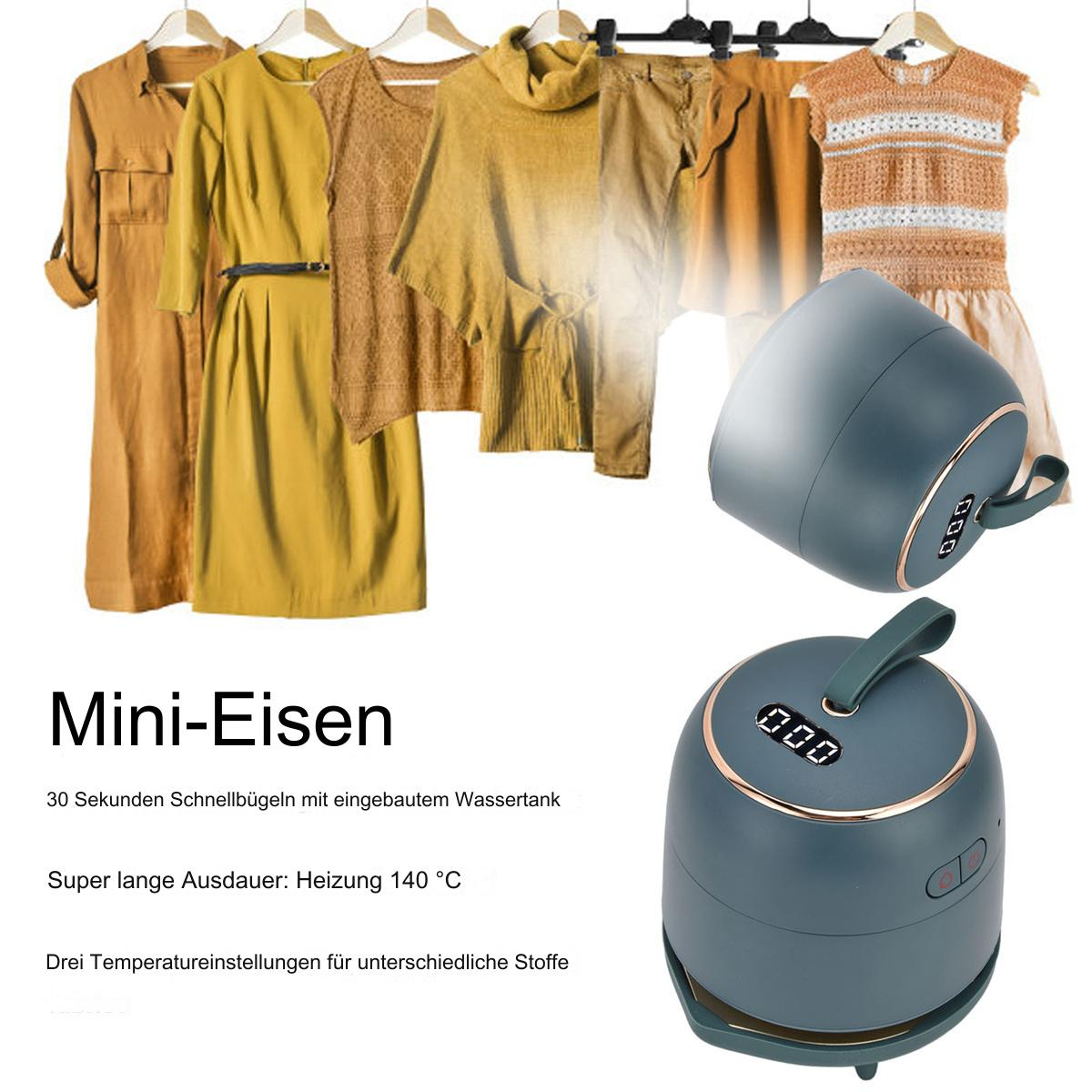 Ein Mini-Bügeleisen, ein kleines, blaugrünes Gerät, steht neben Kleidung. Text beschreibt Funktionen und Einstellungen.