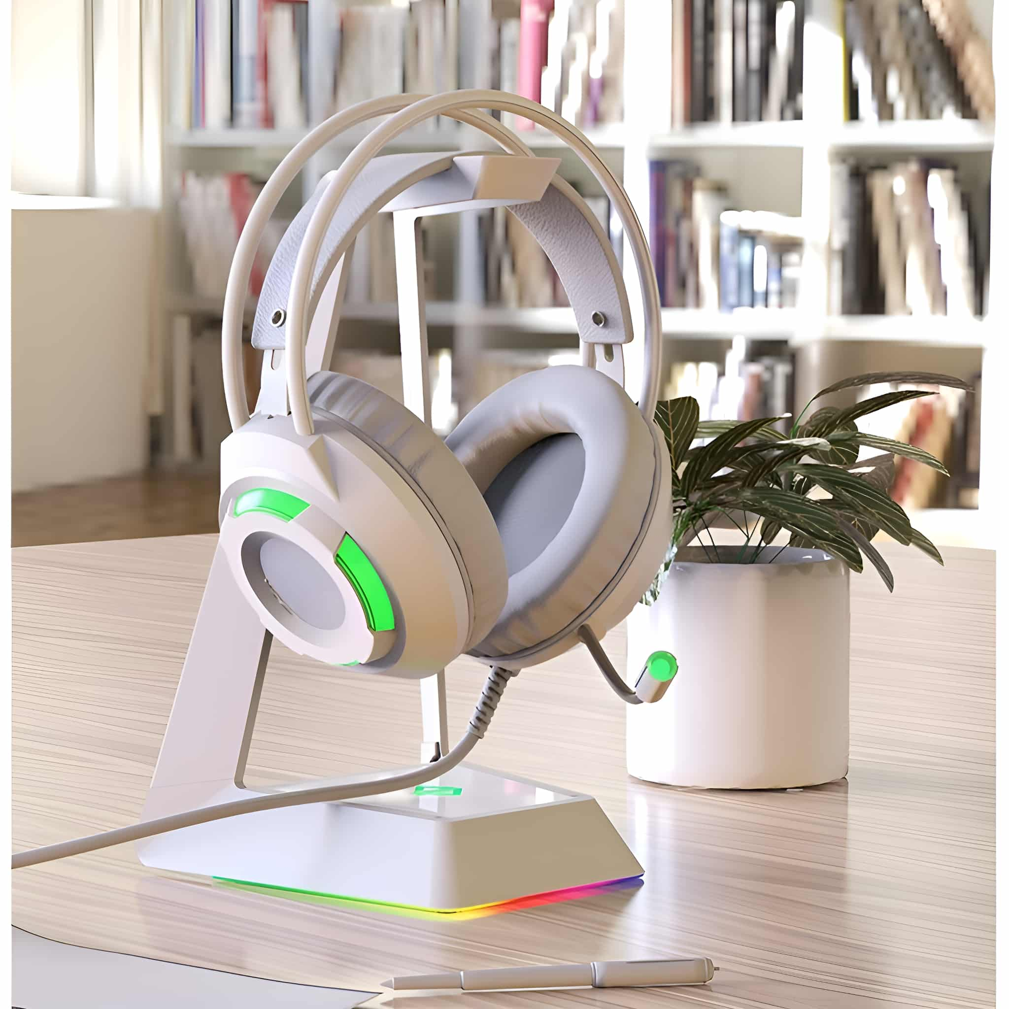 Weiße Gaming-Kopfhörer auf Ständer mit RGB-Beleuchtung. Stift und Pflanze daneben.
