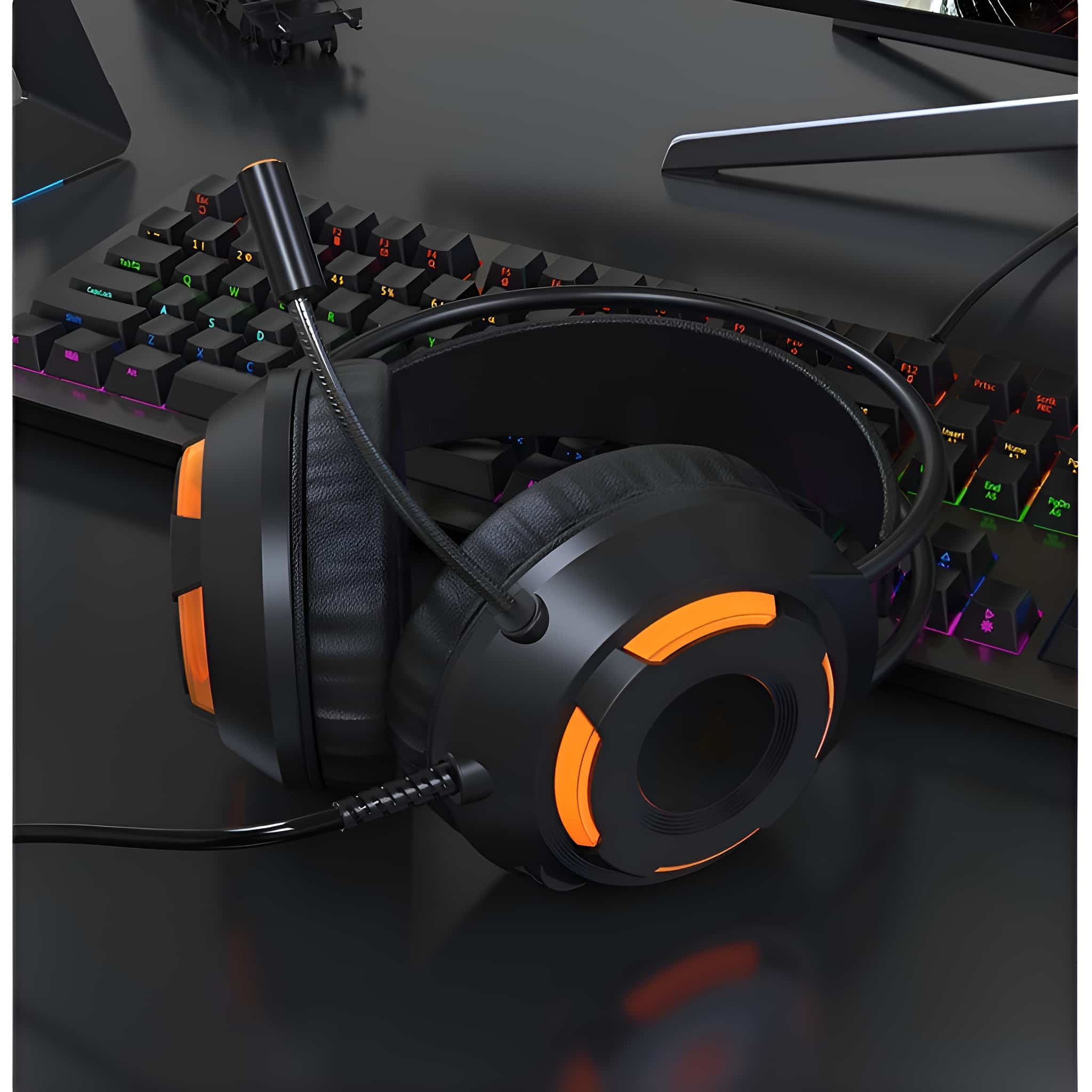 Schwarz-oranges Gaming-Headset auf schwarzem Schreibtisch mit Tastatur.