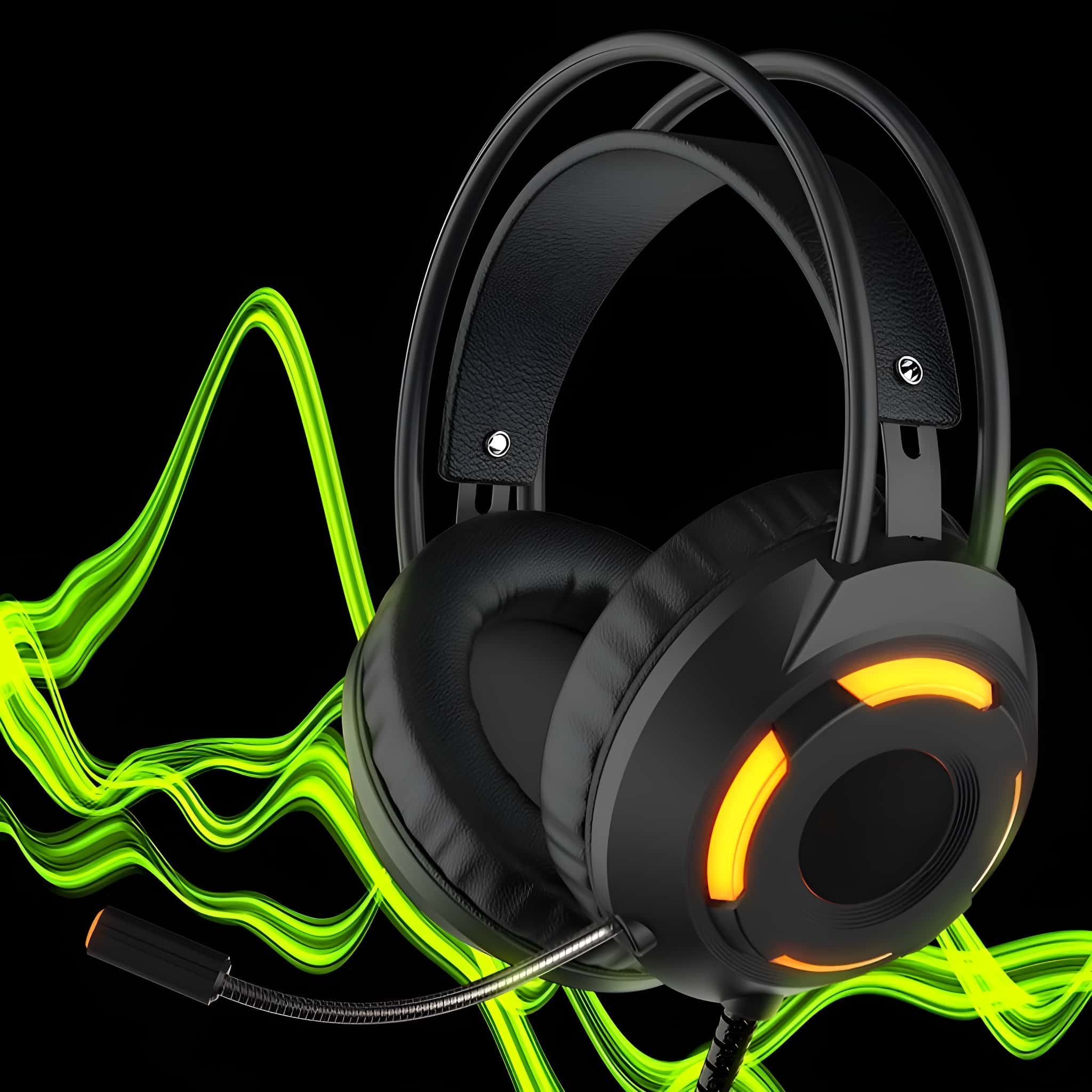 Schwarze Gaming-Kopfhörer mit orangefarbenen Lichtern und einem Mikrofon. Der Hintergrund ist schwarz.
