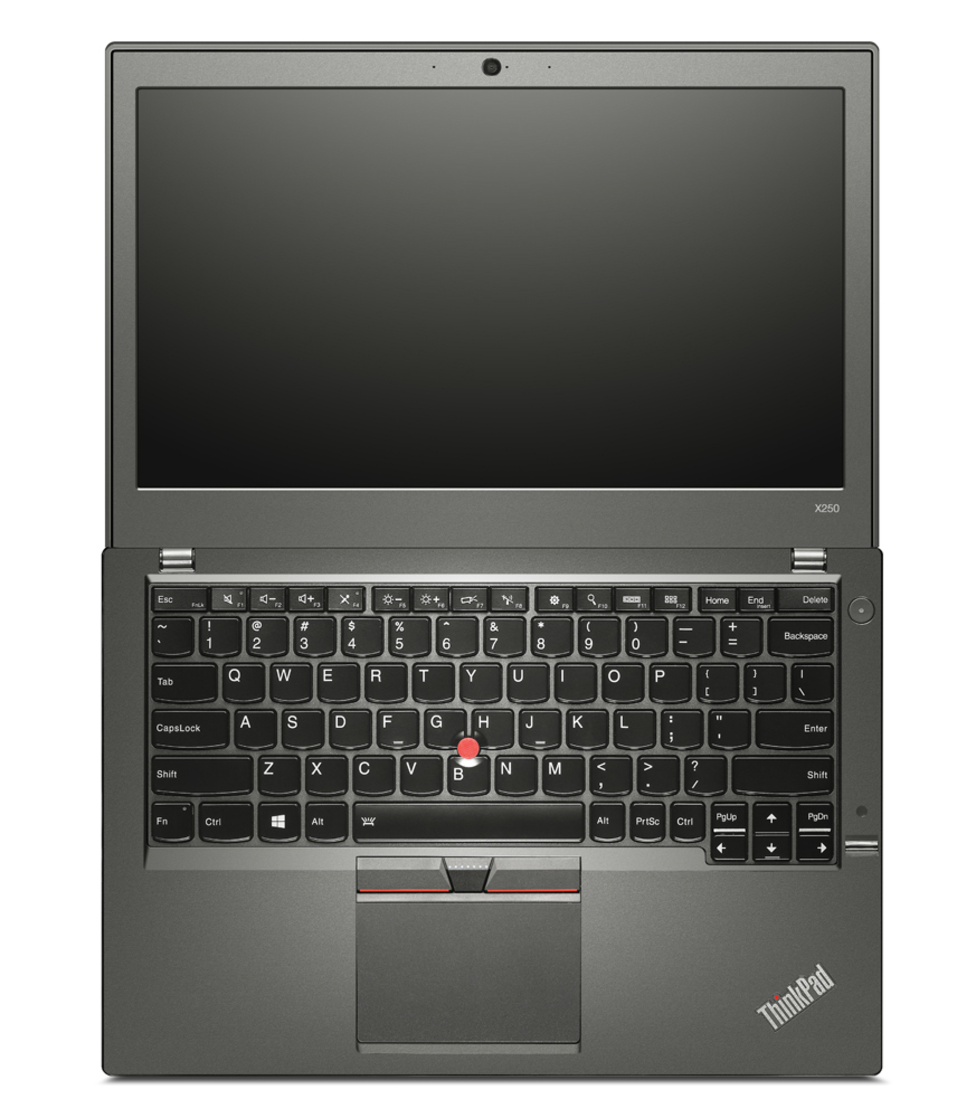 Offener schwarzer Laptop mit Tastatur, der rote Punkt auf der Tastatur befindet sich auf dem Buchstaben B.