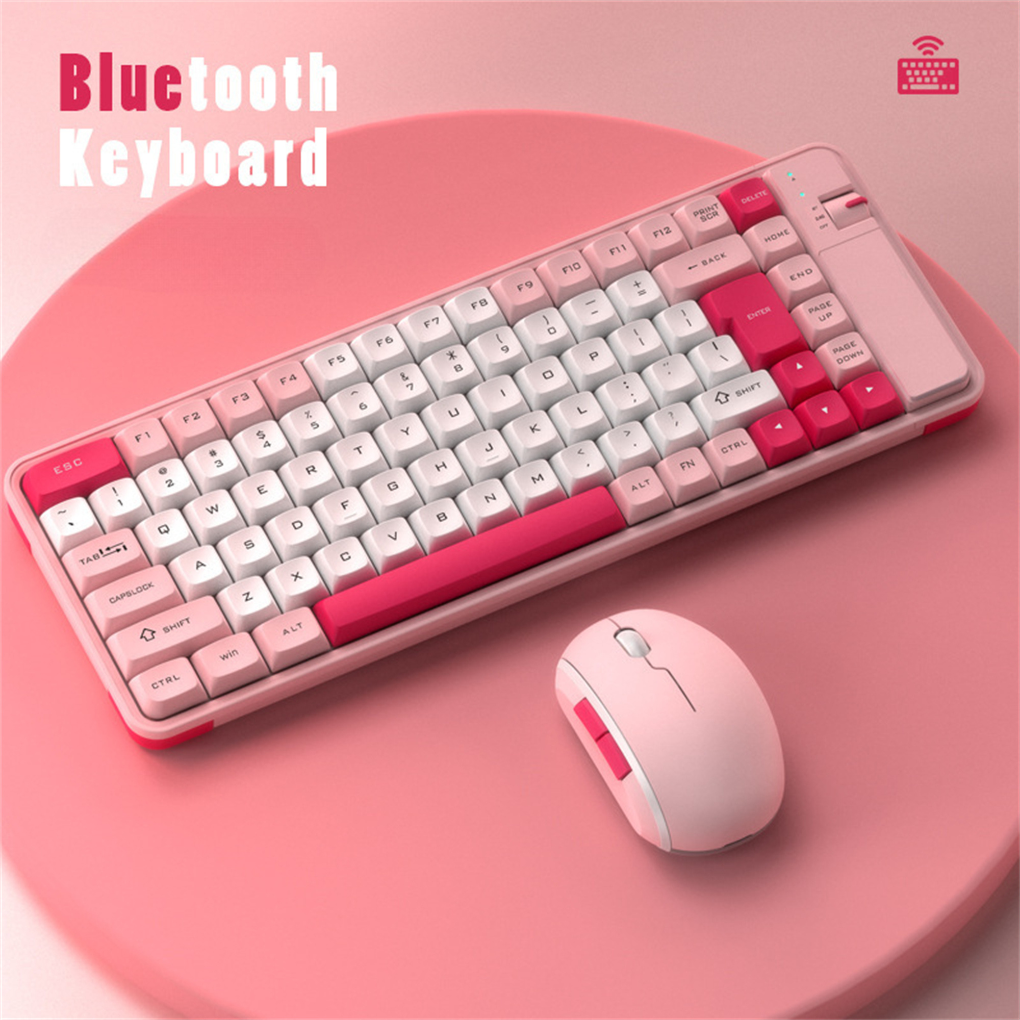 Rosa Bluetooth-Tastatur und -Maus. Rote Akzente. Text: Bluetooth-Tastatur. Rosa Hintergrund.