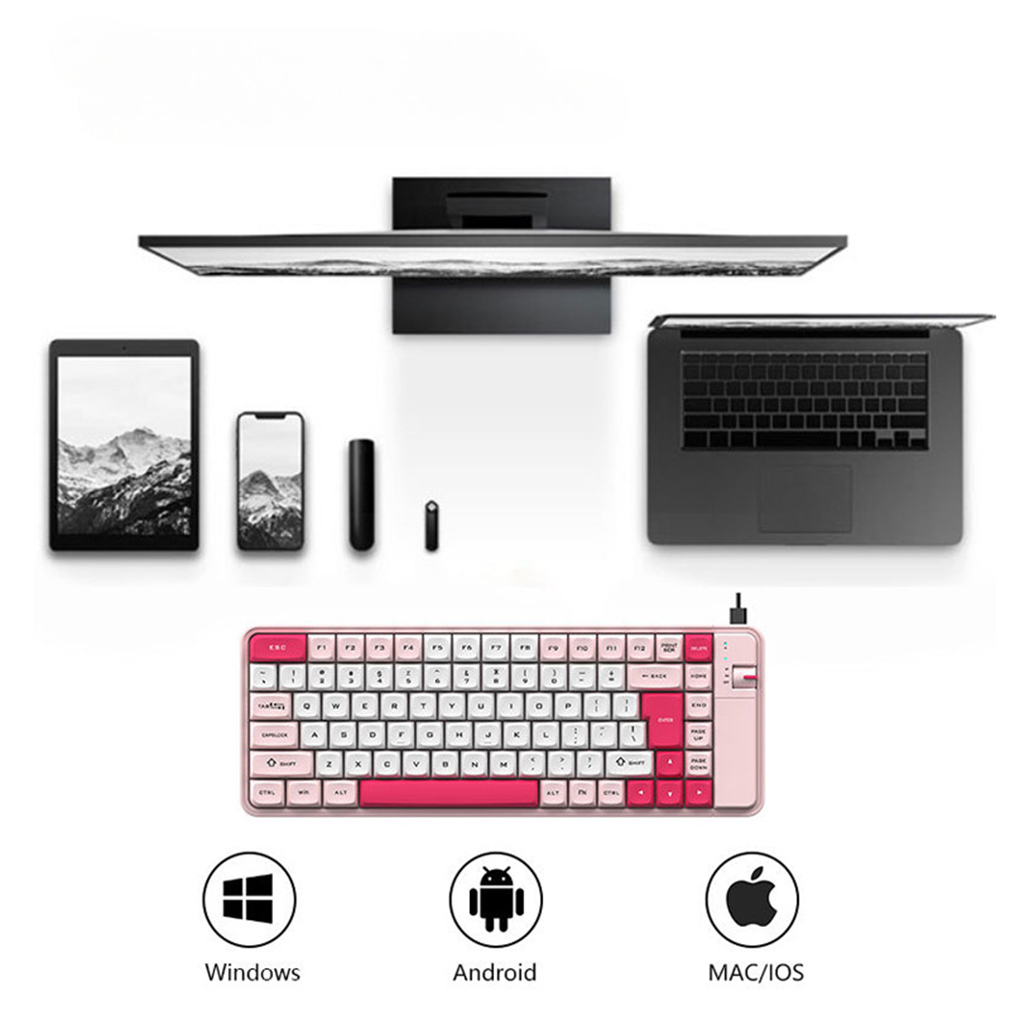 Eine Tastatur, ein Tablet, ein Telefon und ein Monitor sind angeordnet. Symbole für Windows, Android und Mac/iOS sind unten.