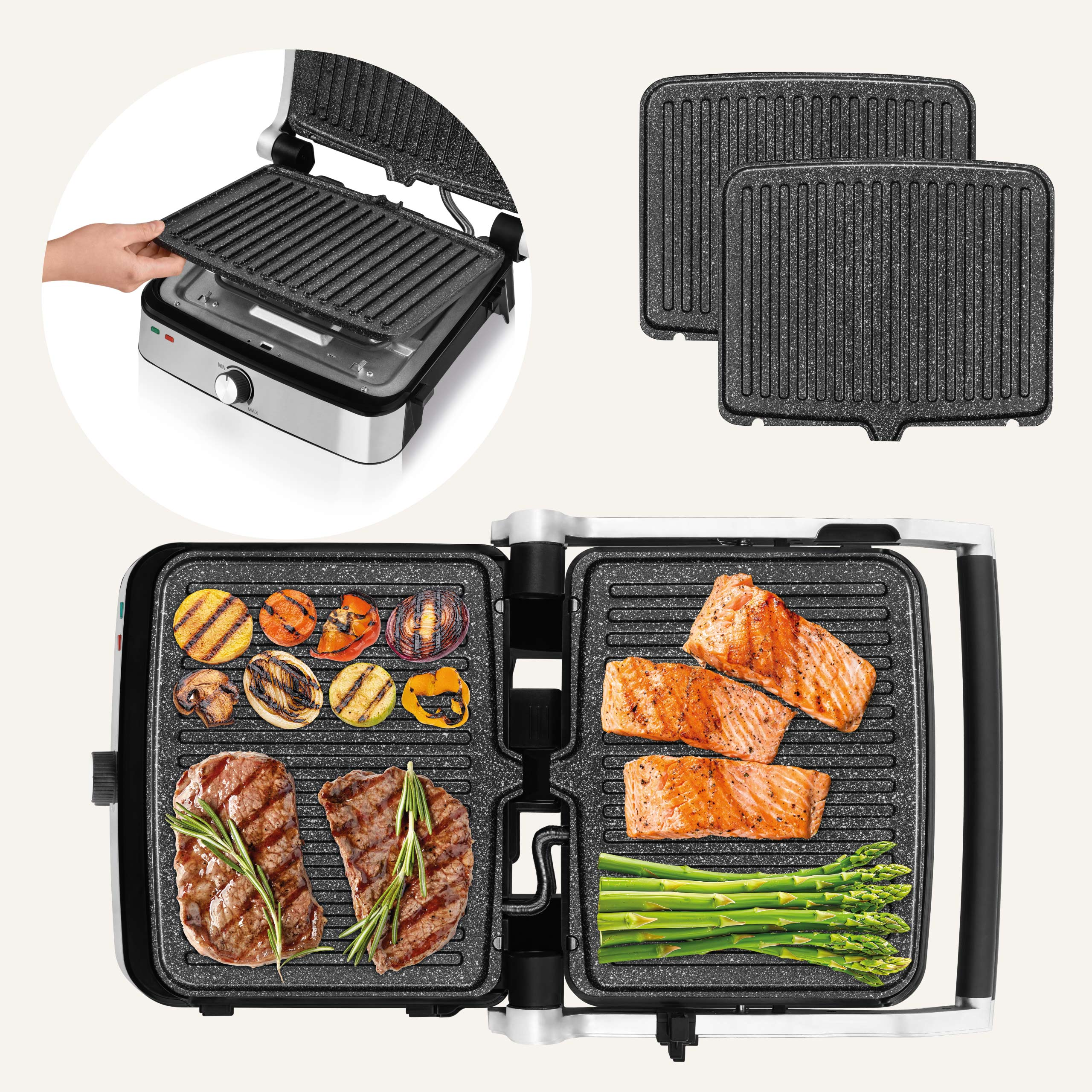 Grill met diverse gegrilde gerechten: biefstuk, zalm, groenten. Inclusief grillplaten.
