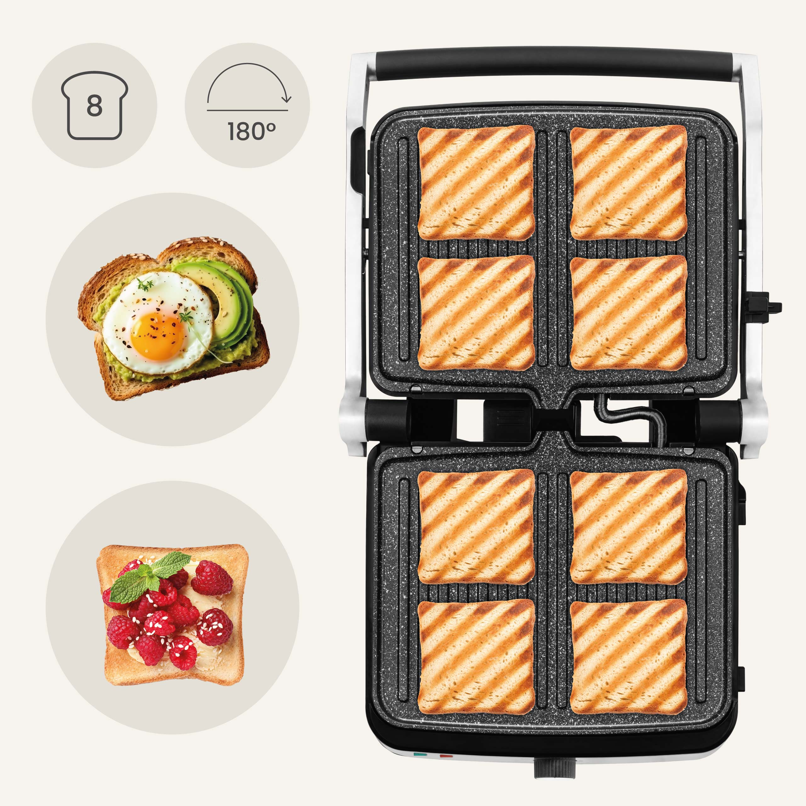 Een bovenaanzicht van een bakplaat met toast en eiergerechten. Er is een bakplaat met 6 sneetjes toast.