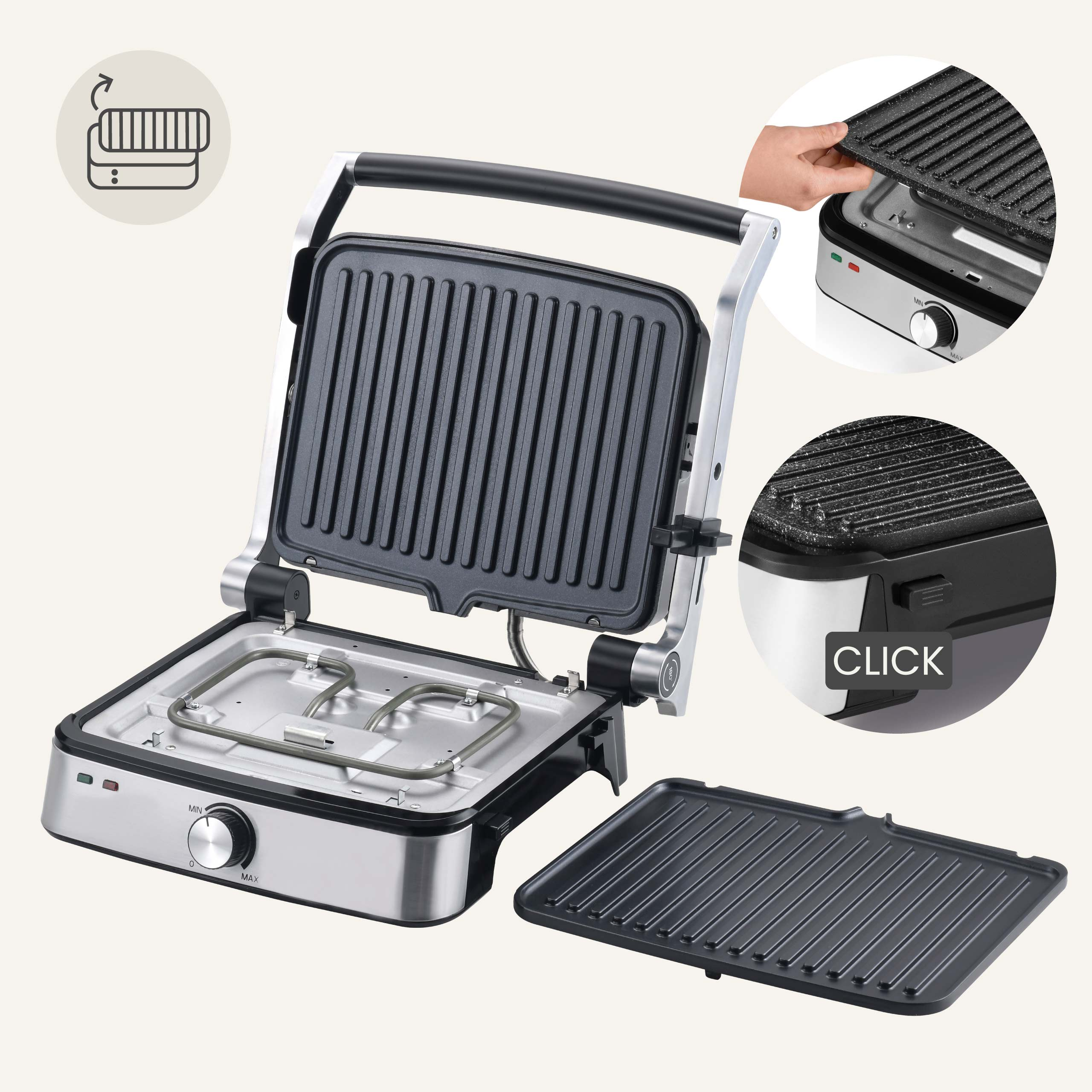 Een zilveren en zwarte grill met een uitneembare plaat. De grill is open en toont de verwarmingselementen.