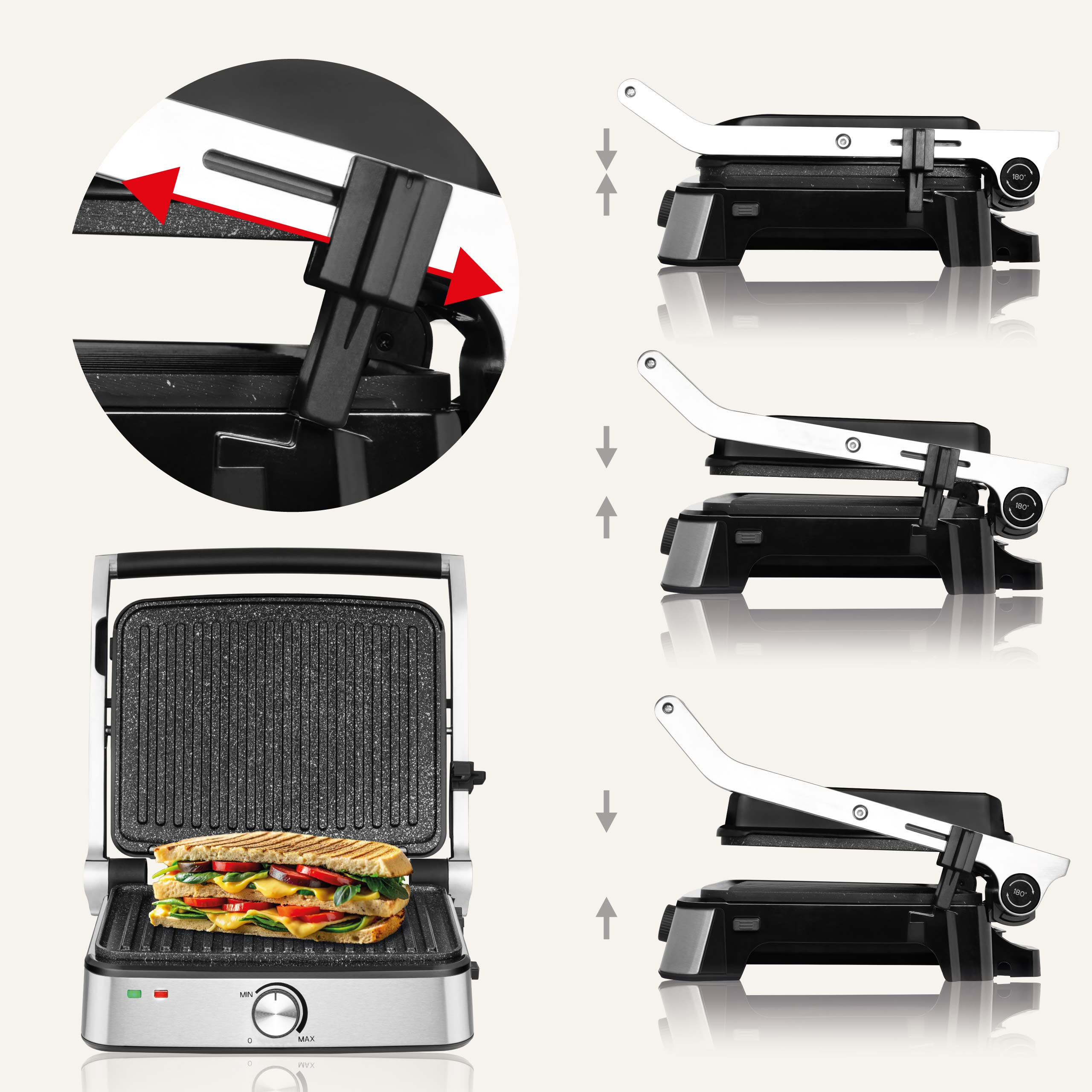 Sandwich in een gesloten panini-pers met pijlen die de openingsposities aangeven.