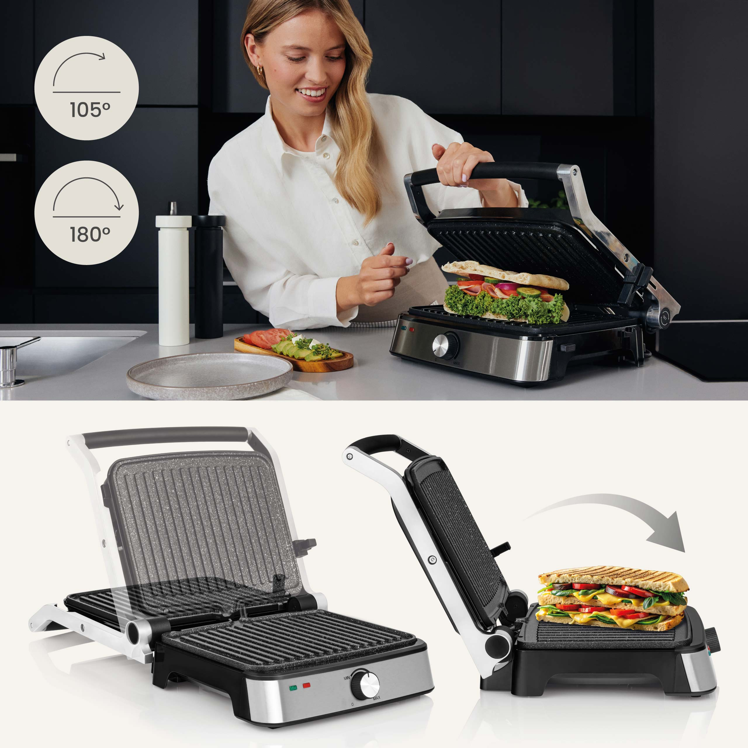 Een vrouw die een sandwich grilt met een grill. Nog twee grills die verschillende hoeken laten zien. Ingrediënten zichtbaar.