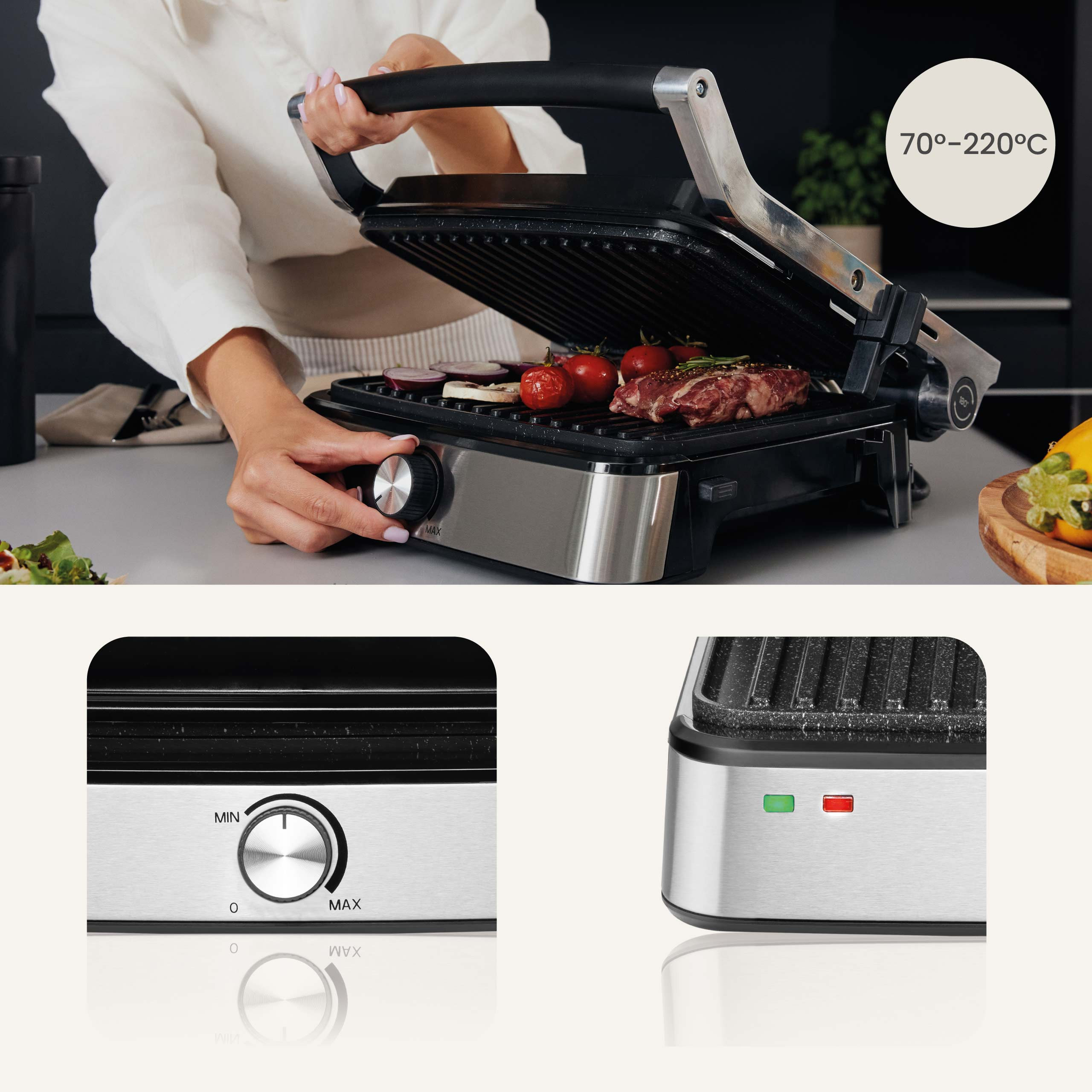 Grill met eten, bediening en temperatuurweergave.