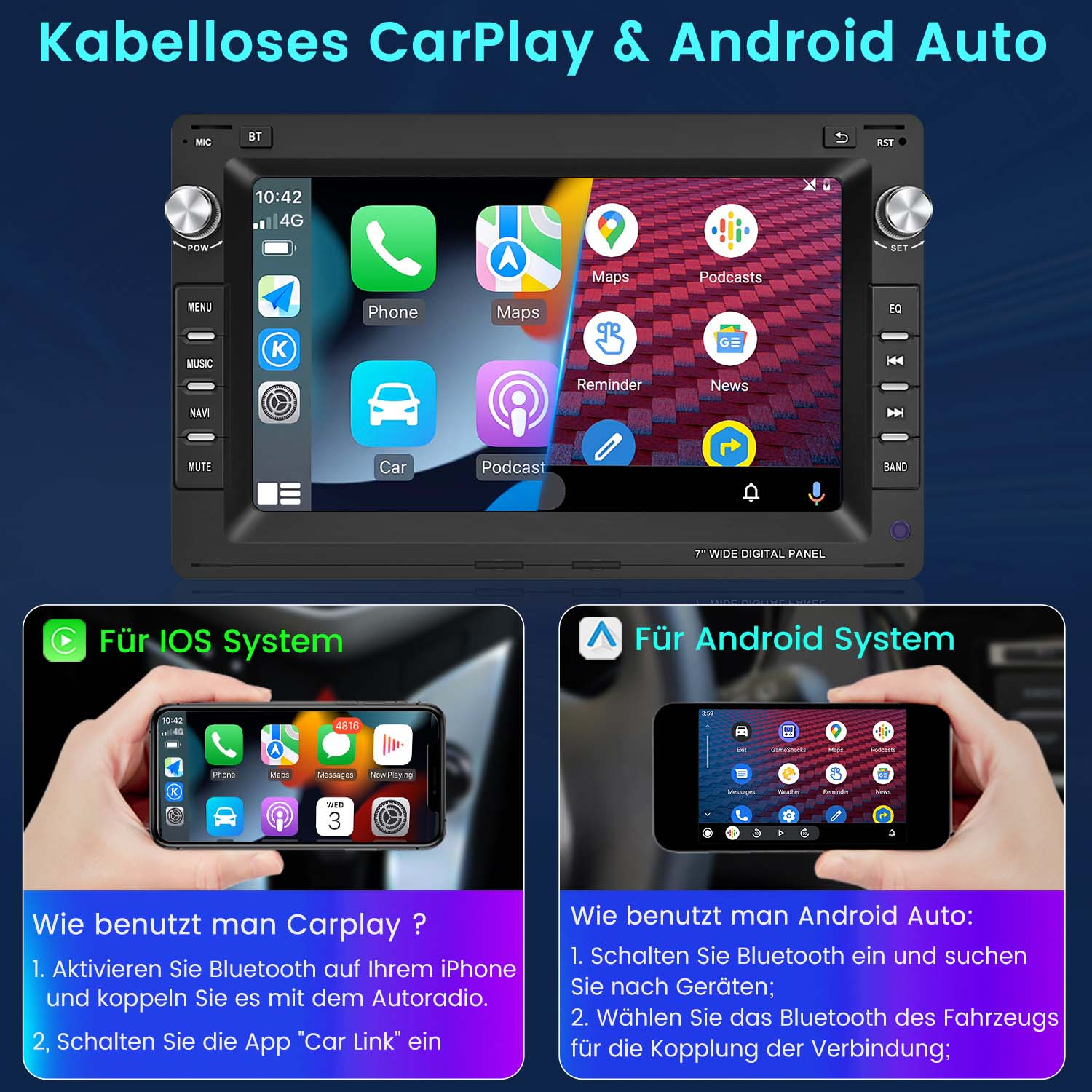 Autoradio mit Touchscreen, zeigt App-Symbole und Anweisungen für CarPlay und Android Auto.