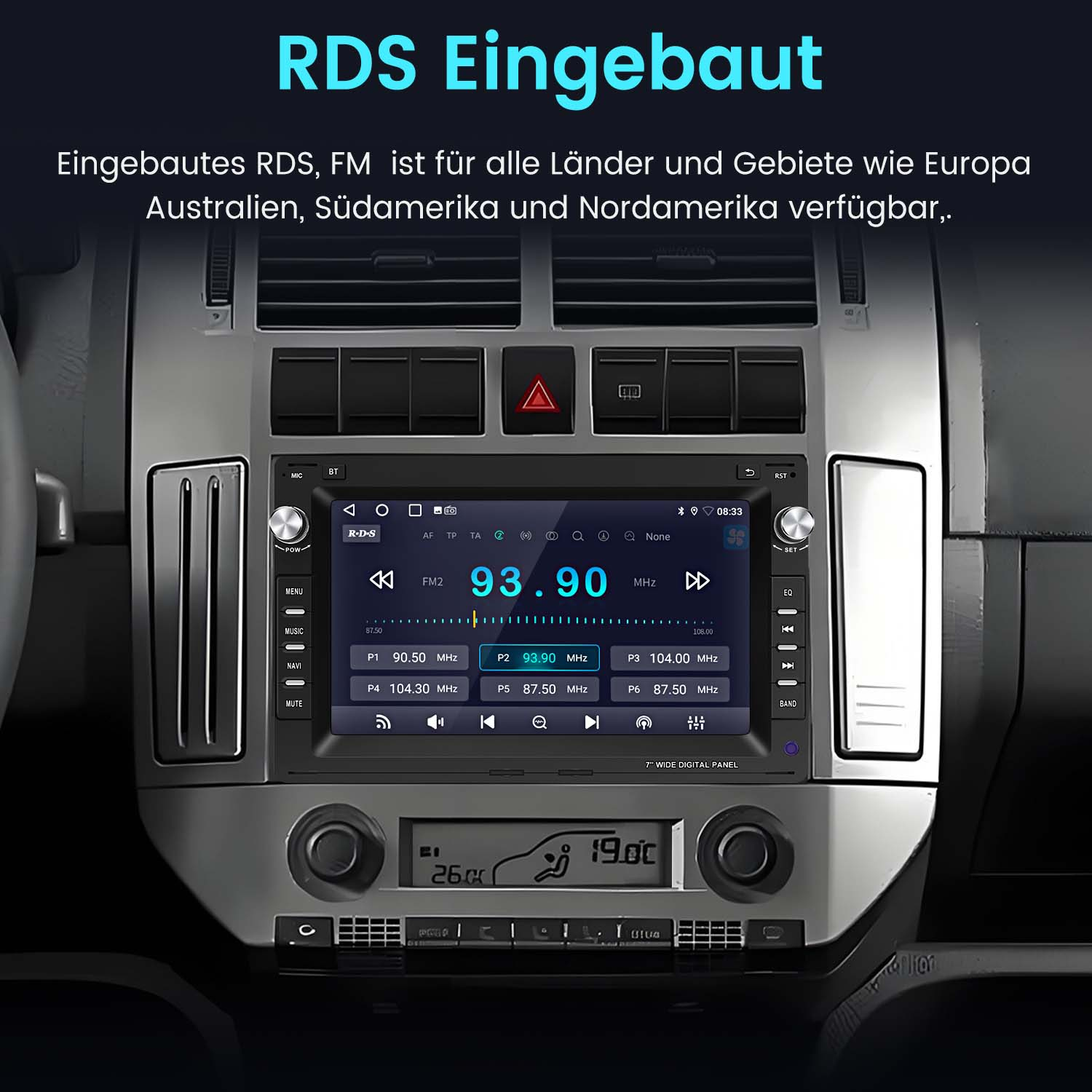 Autoradio-Bildschirm mit Radio-Info, zeigt FM-Frequenz. Deutscher Text weist auf RDS hin.