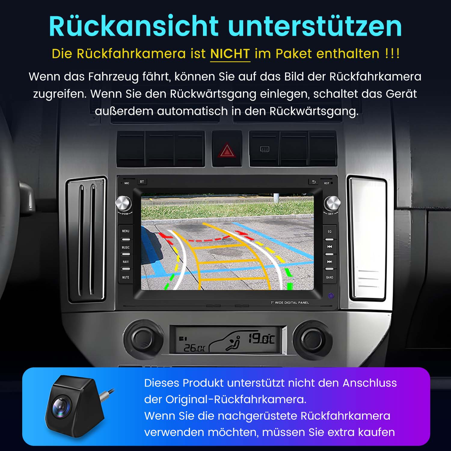 Autoradio-Bildschirm mit Rückfahrkameraansicht. Text um den Bildschirm herum.