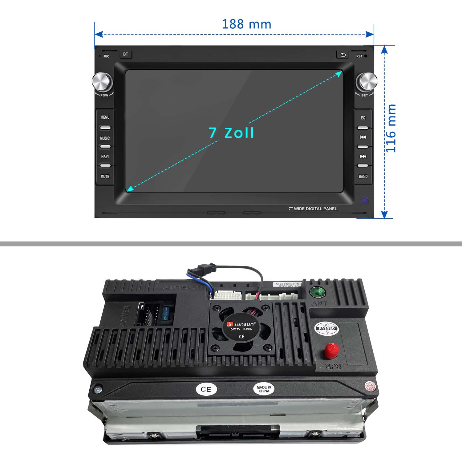 Auto-Multimedia-System. Draufsicht zeigt Bildschirm und Knöpfe, Rückseite.