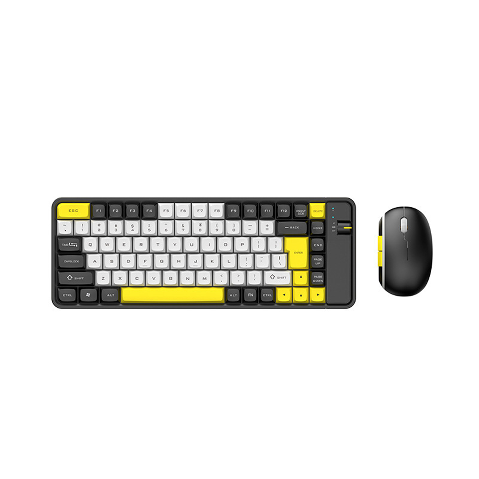 Schwarze Tastatur mit gelben Tasten. Eine schwarze Maus befindet sich rechts. Weißer Hintergrund.