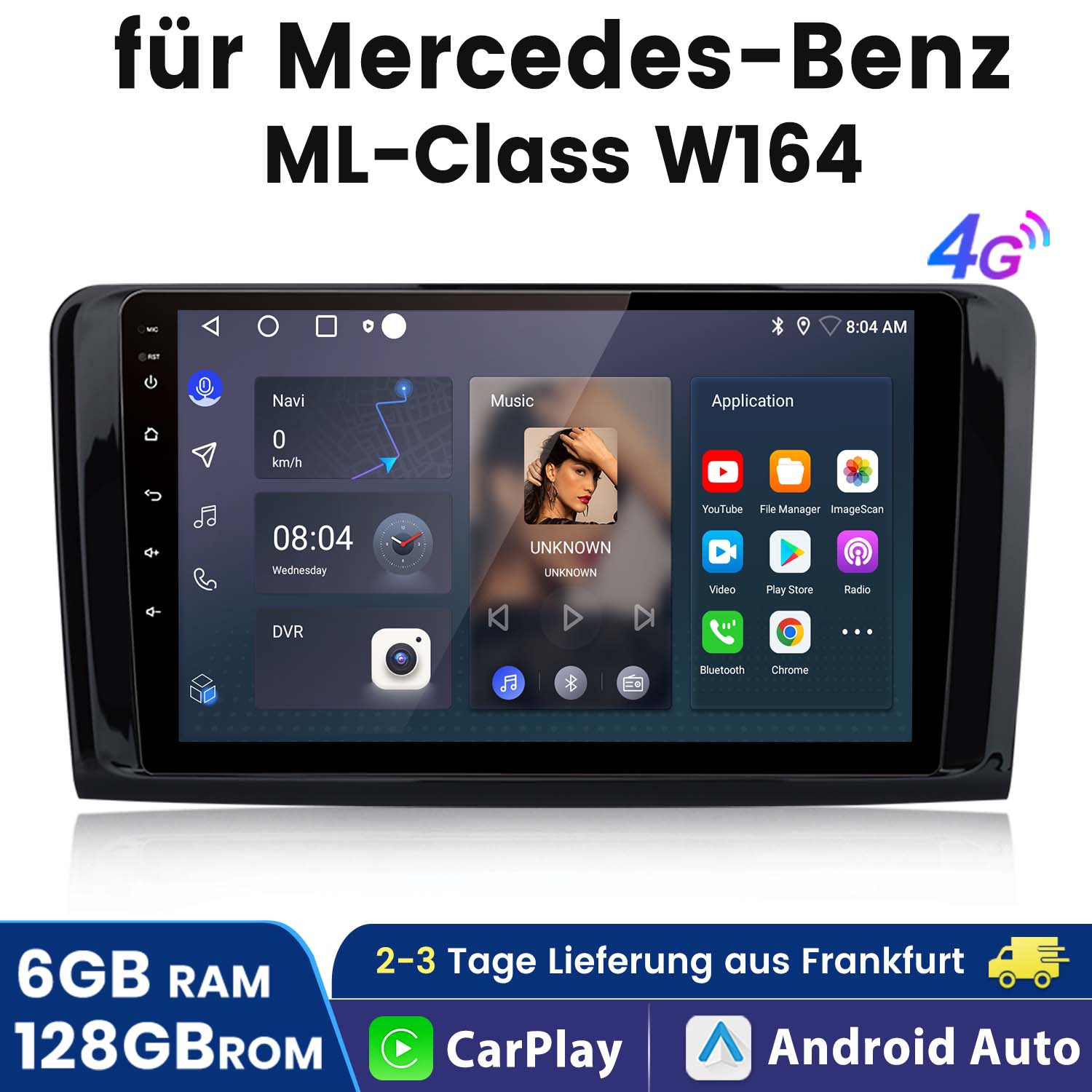 Der Bildschirm des Infotainmentsystems eines Autos mit mehreren App-Symbolen und einer Karte.