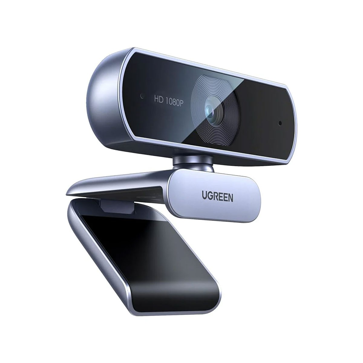 Srebrna kamera internetowa z czarnym obiektywem. Model UGREEN z rozdzielczością HD 1080P, na statywie.