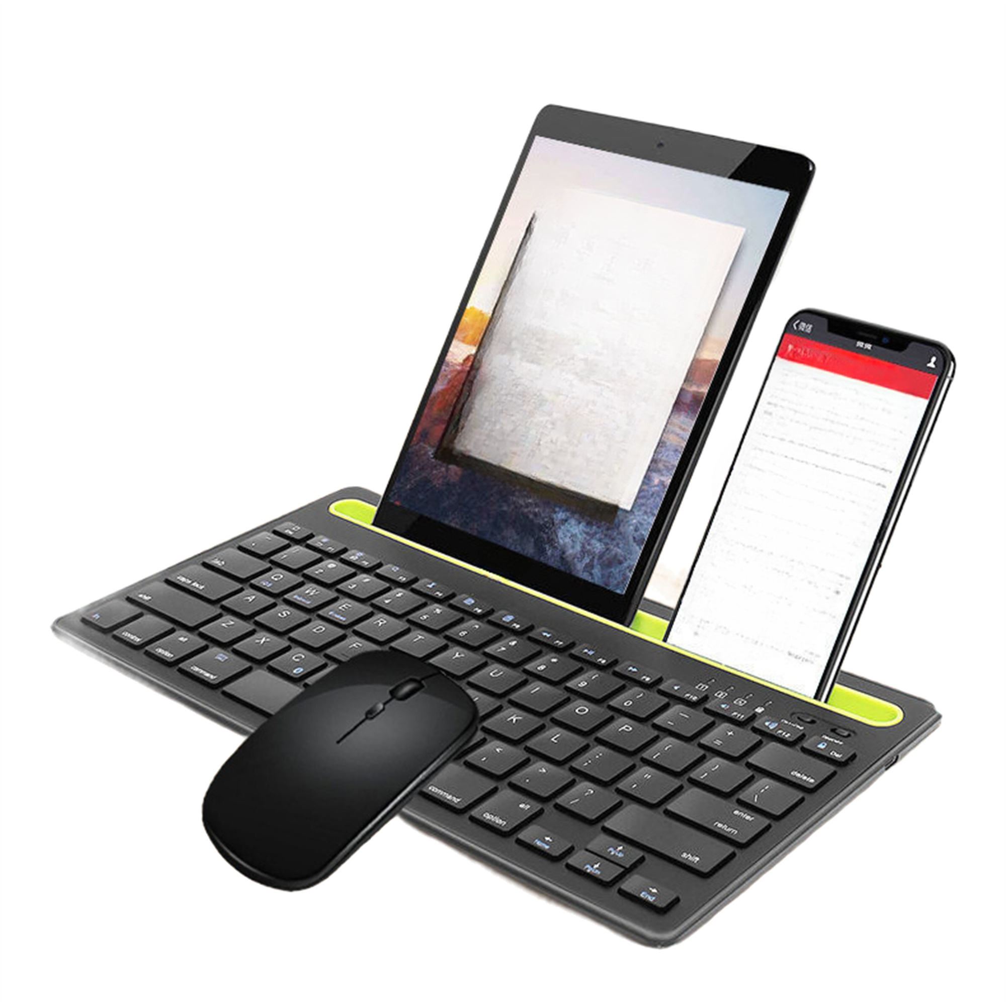 Eine schwarze Tastatur mit Maus, Tablet und Telefon, eingerichtet für die Arbeit.