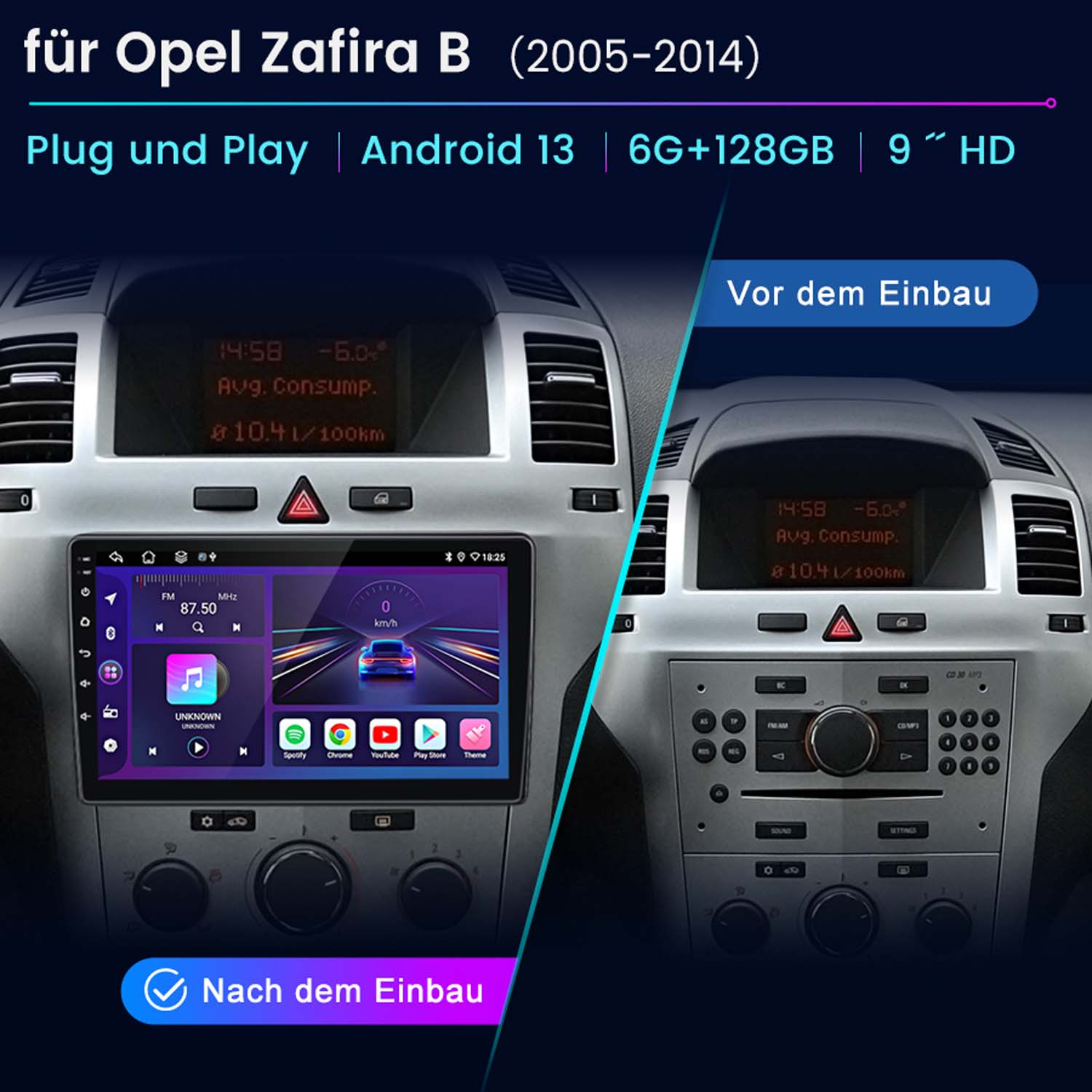 Ein Autoradio-Display. Zwei Bilder, vor und nach der Installation. Text auf dem Bildschirm.