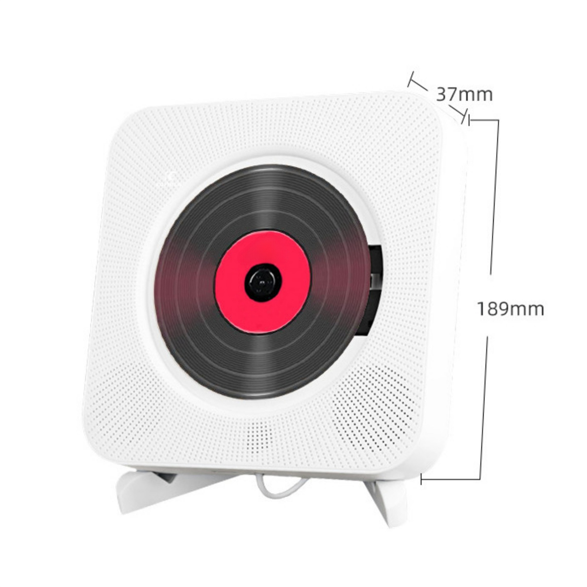Weißer, an der Wand montierter CD-Player mit schwarzer Disc, Winkelansicht.