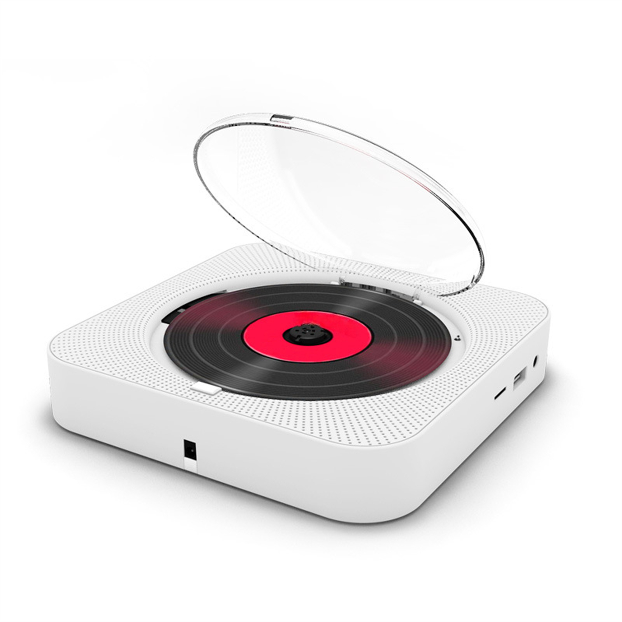 Weißer, tragbarer CD-Player mit einer schwarzen Schallplatte im Inneren.
