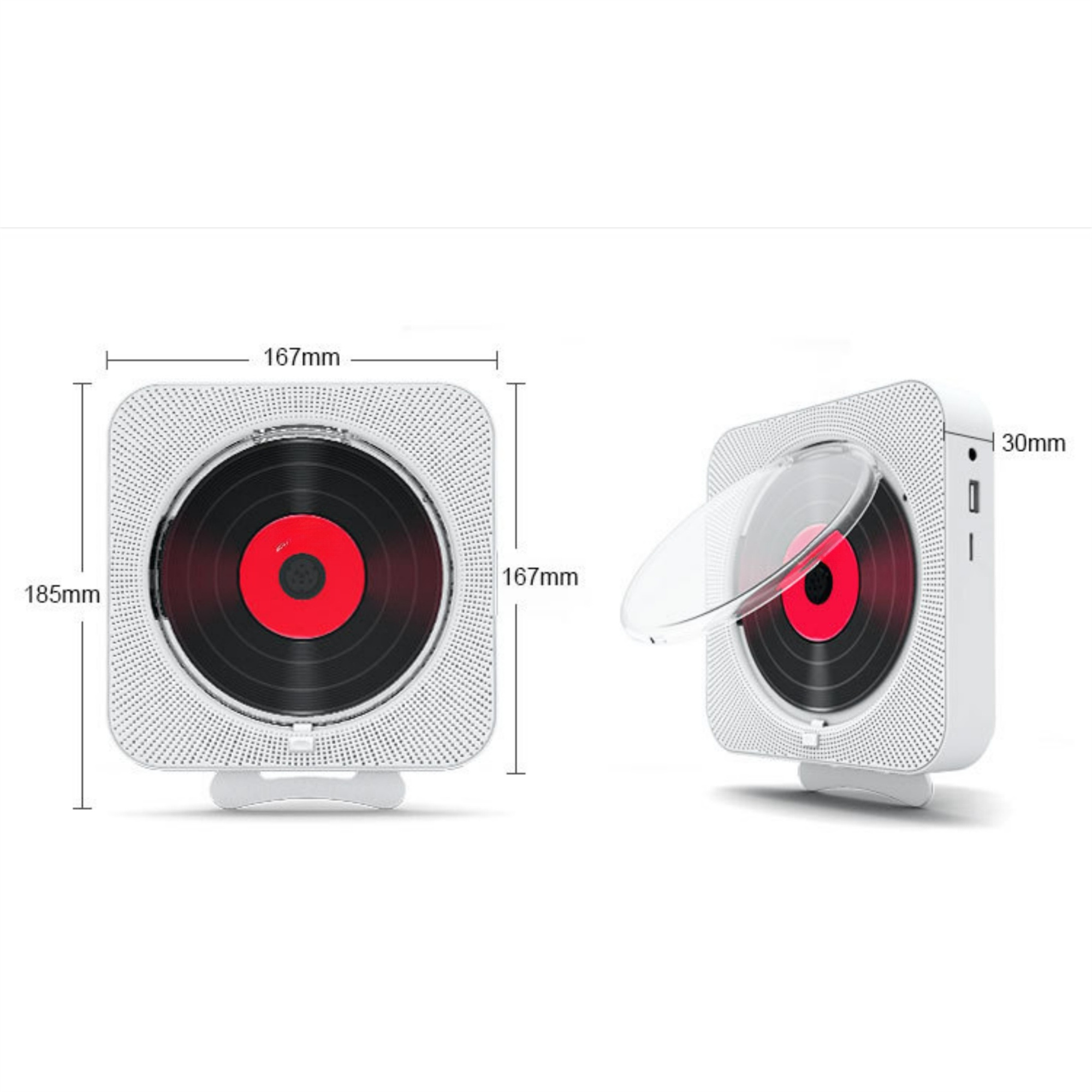 Ein weißer und silberner CD-Player mit Abmessungen. Der Player wird von vorne und von der Seite gezeigt.