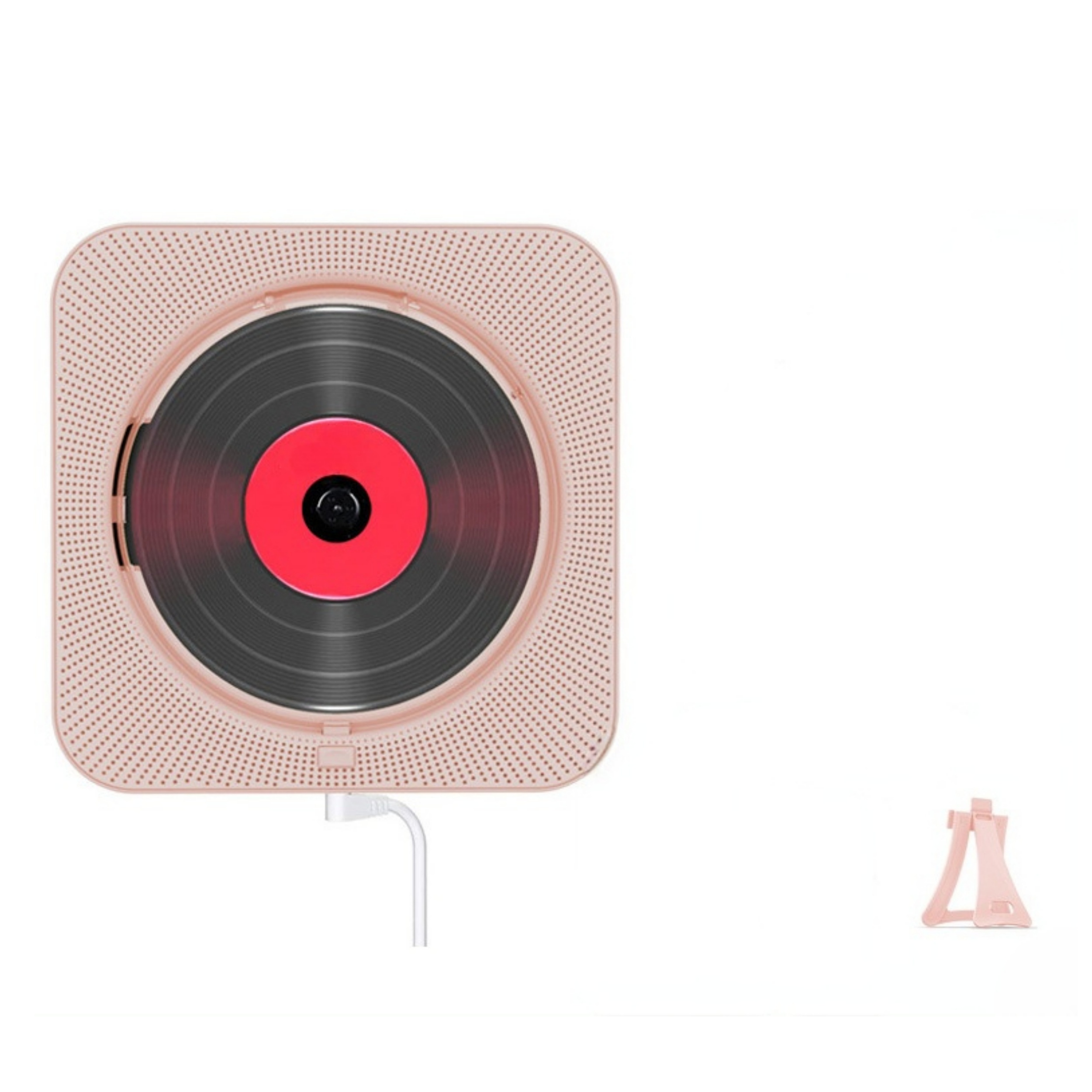 Rosa CD-Player mit Schallplatte auf weißem Hintergrund. Daneben ein rosa Ständer.